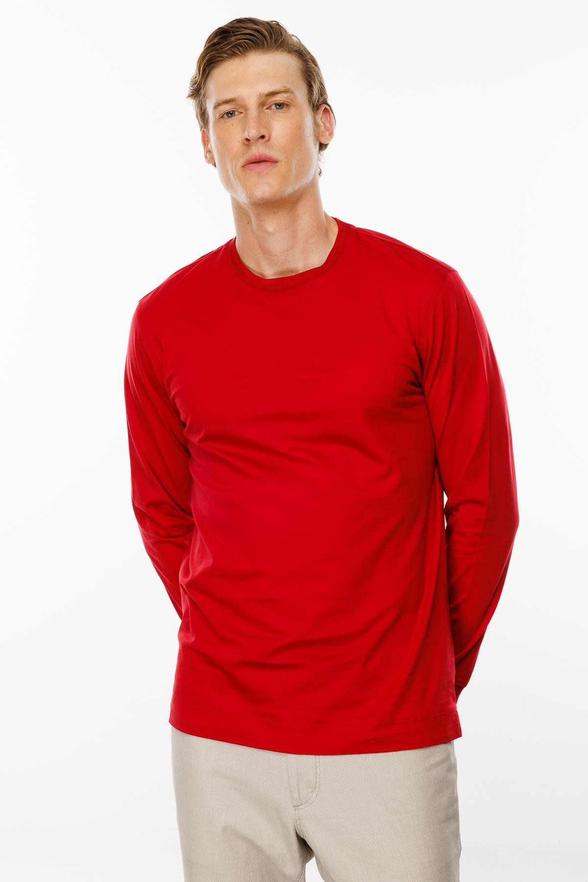 MTA 10Erkek Sıfır Yaka Basic Uzun Kollu Pamuklu T-shirt Kırmızı