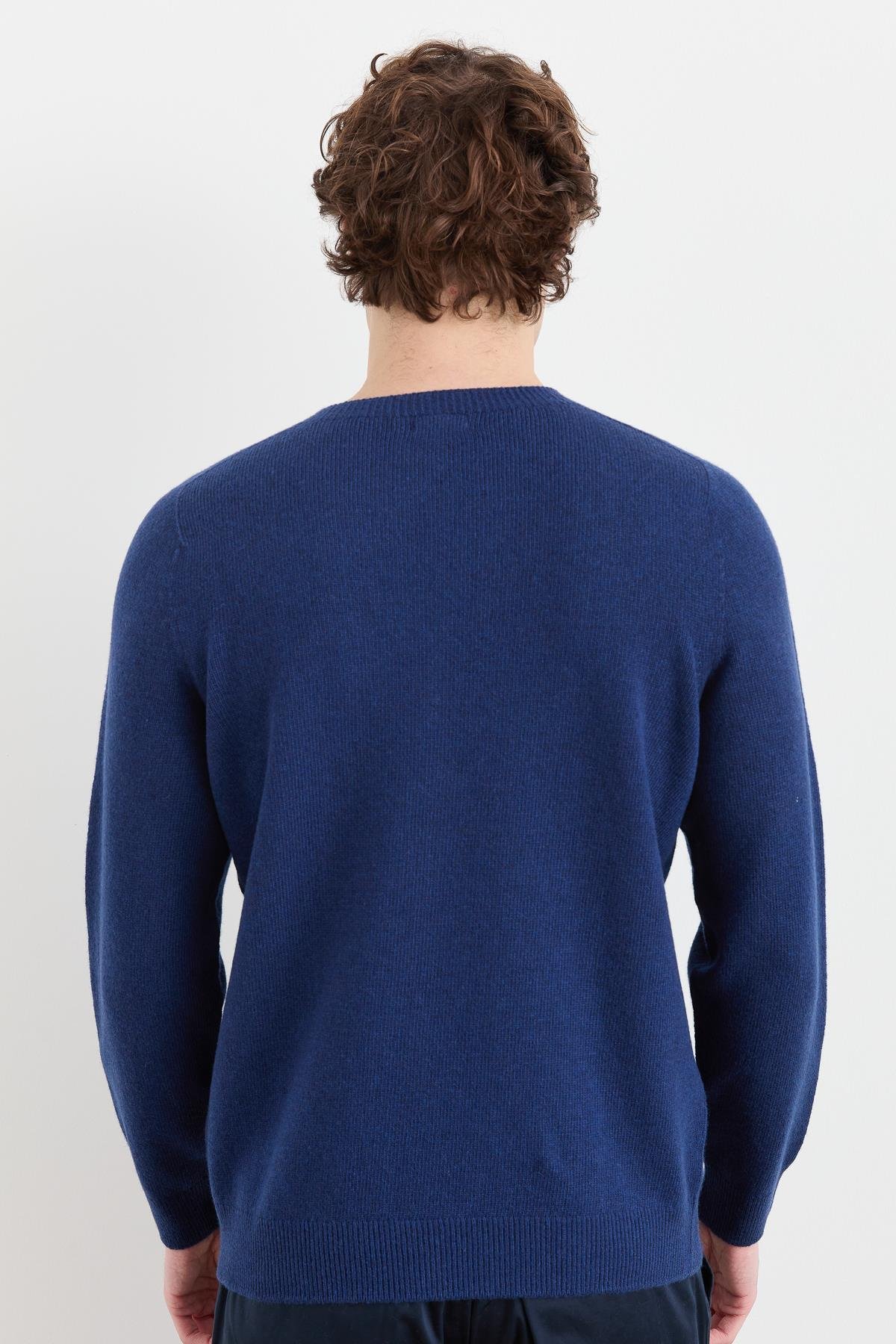 23525Erkek Sıfır Yaka Basic Yün Kazak İndigo