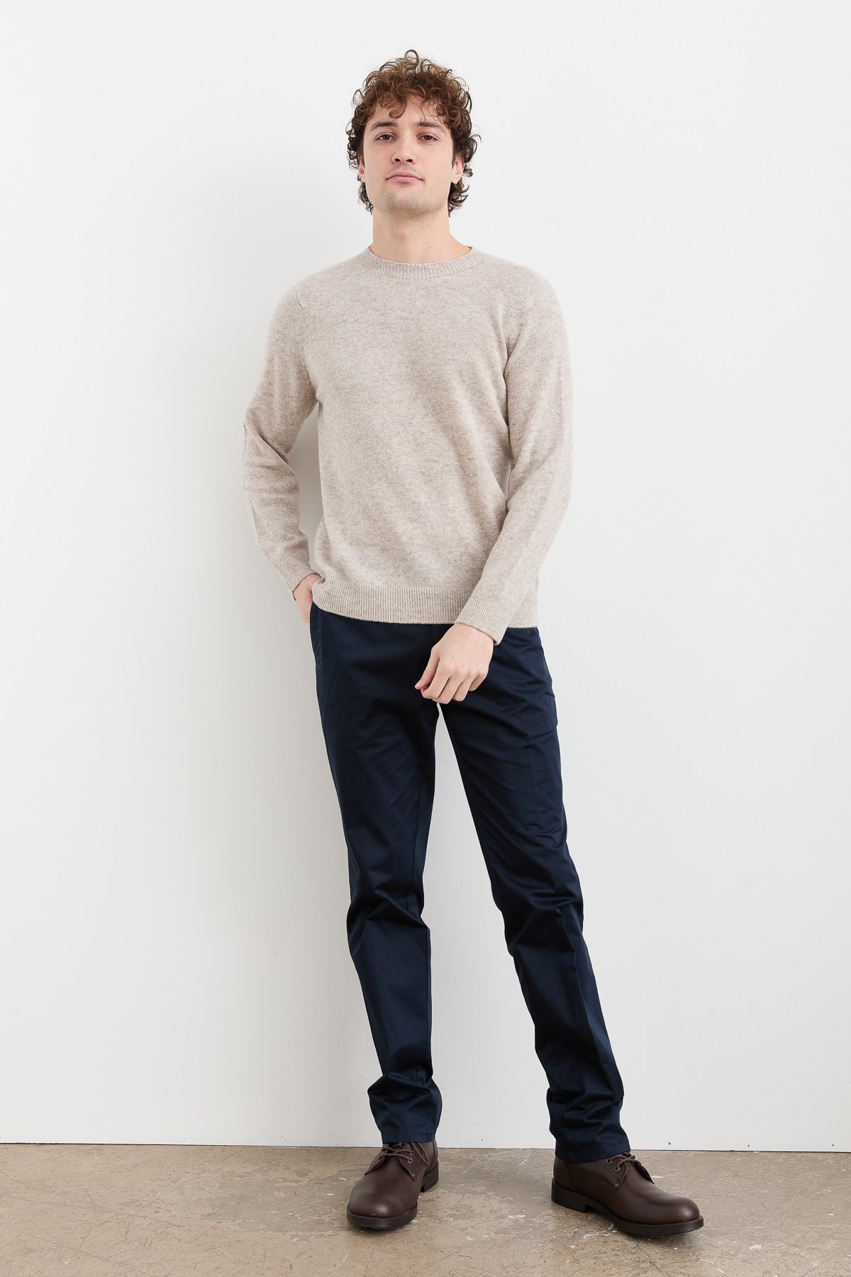 23525Erkek Sıfır Yaka Basic Yün Kazak V.Bej