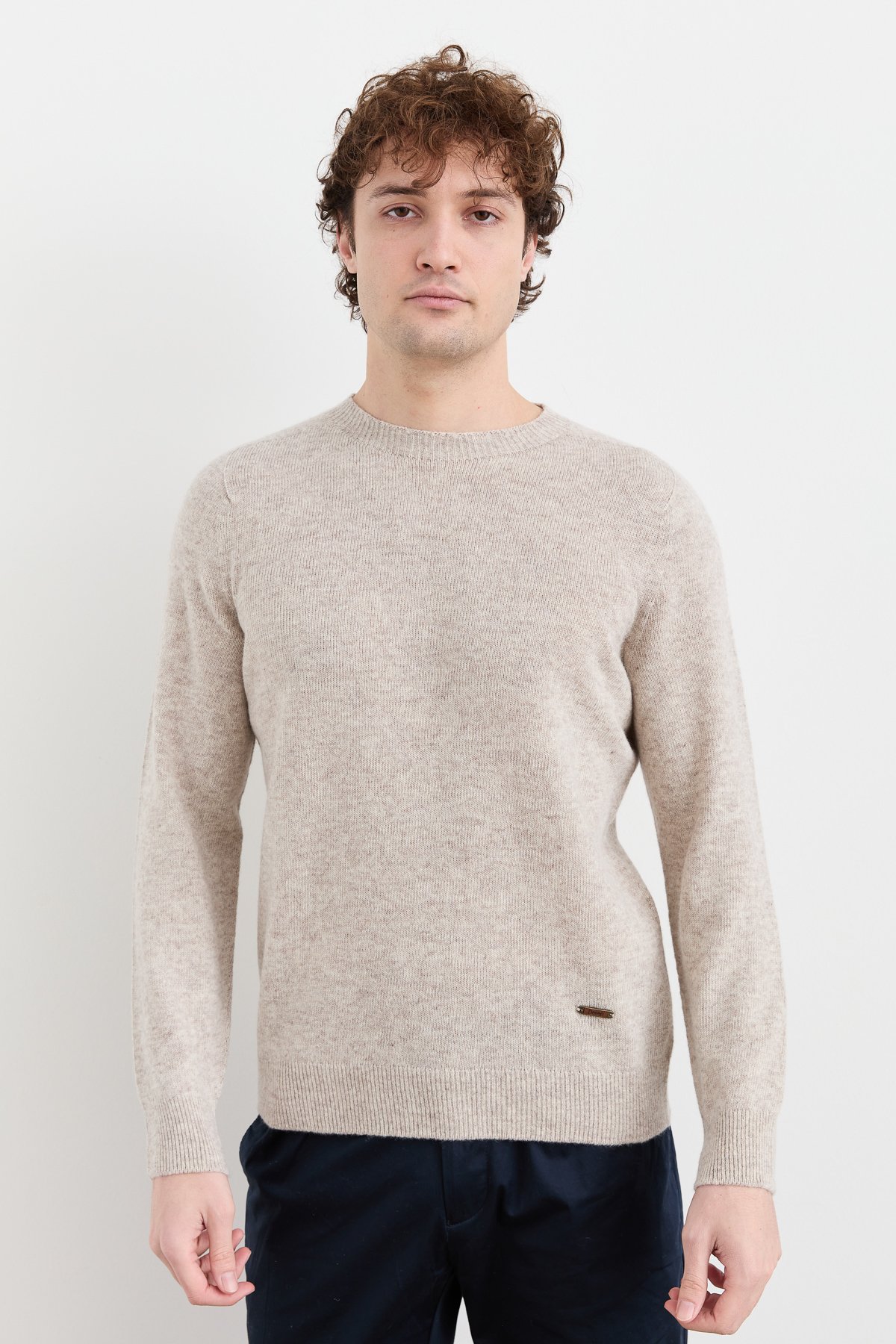 23525Erkek Sıfır Yaka Basic Yün Kazak V.Bej