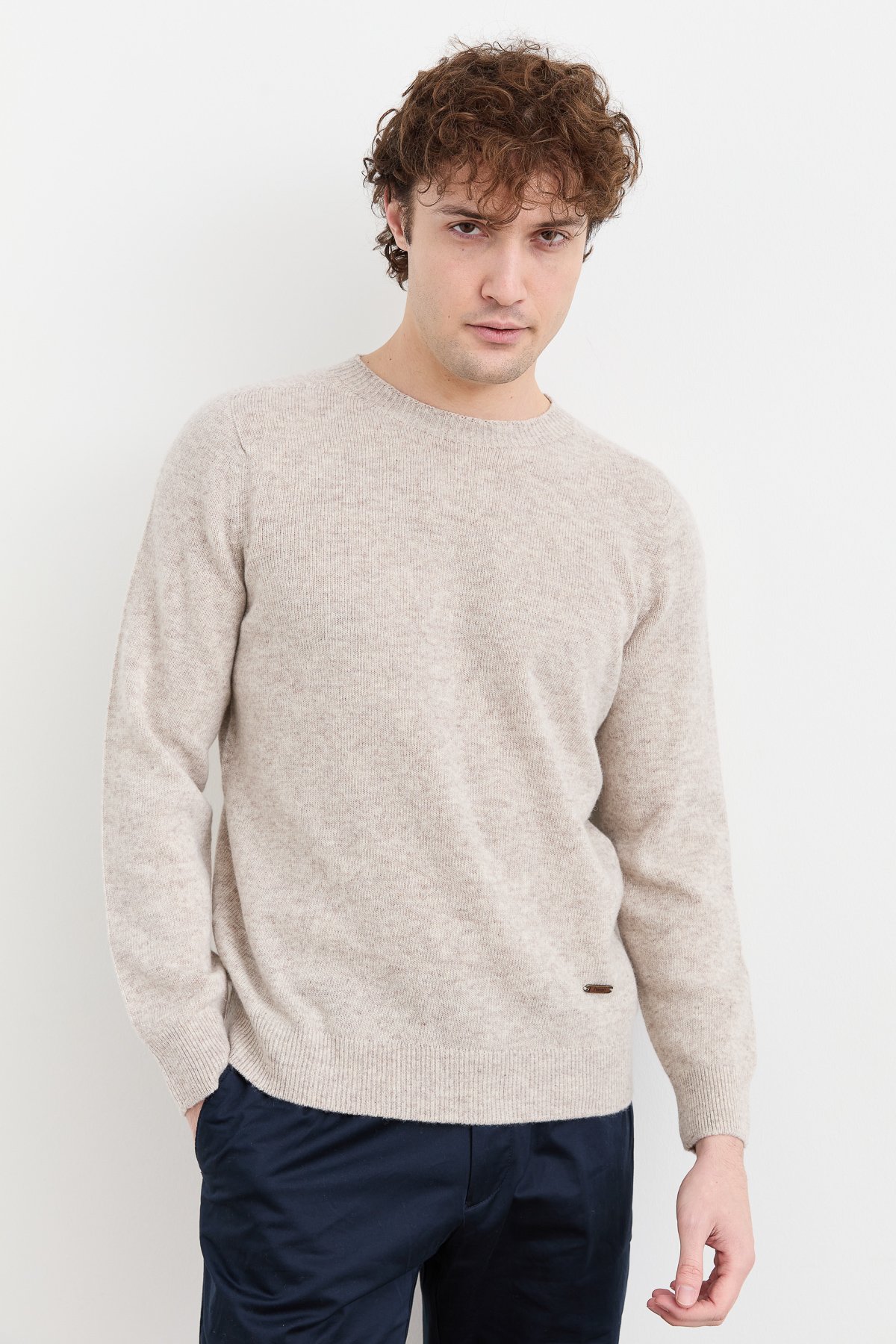 23525Erkek Sıfır Yaka Basic Yün Kazak V.Bej