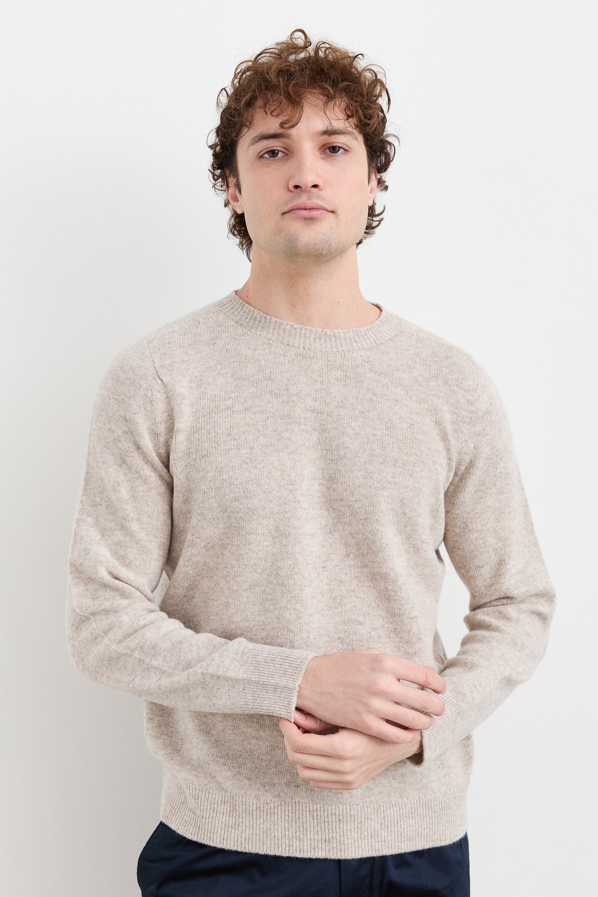 23525Erkek Sıfır Yaka Basic Yün Kazak V.Bej