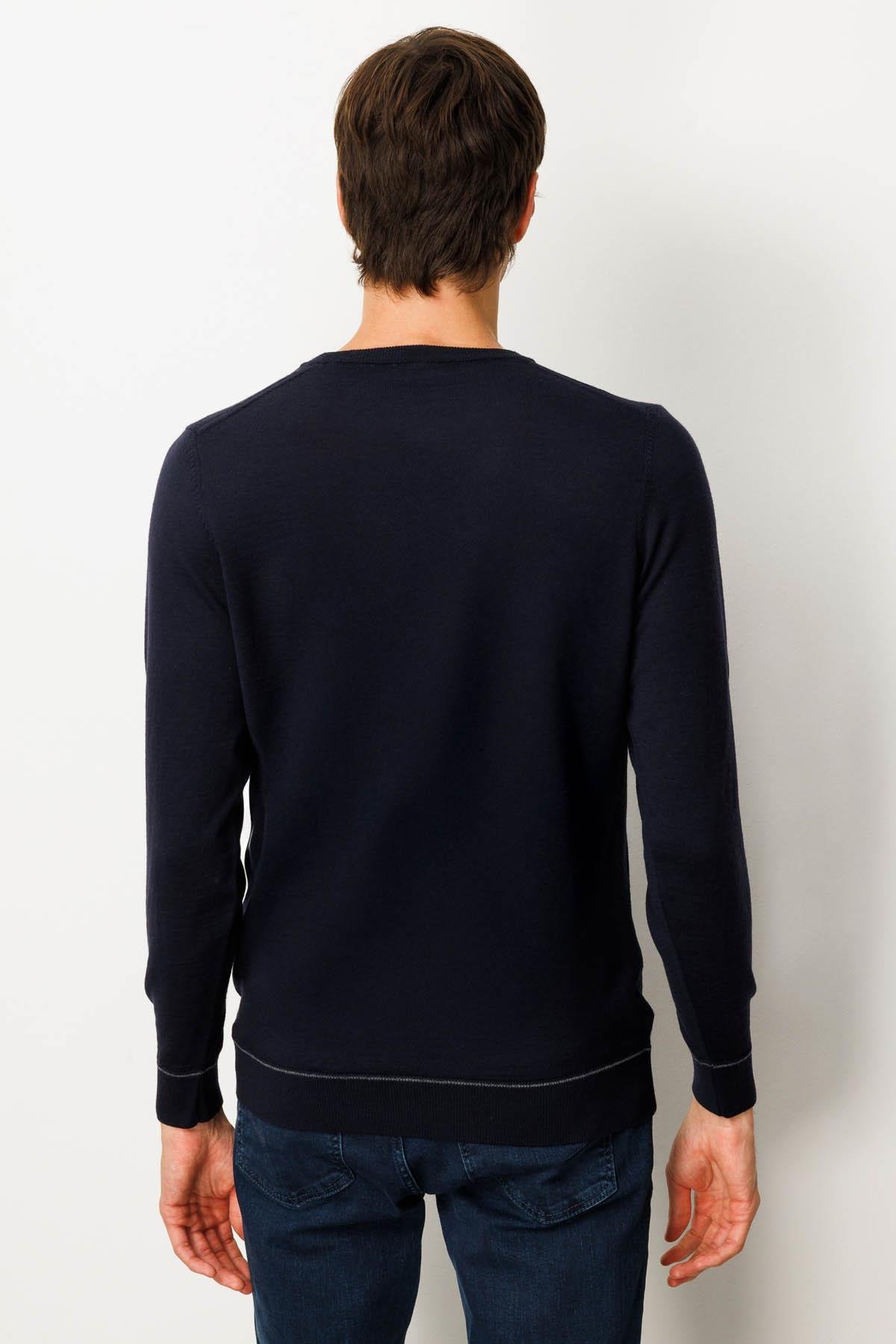 25603Erkek Sıfır Yaka Çizgili Baklavalı Yün Kazak K.Lacivert