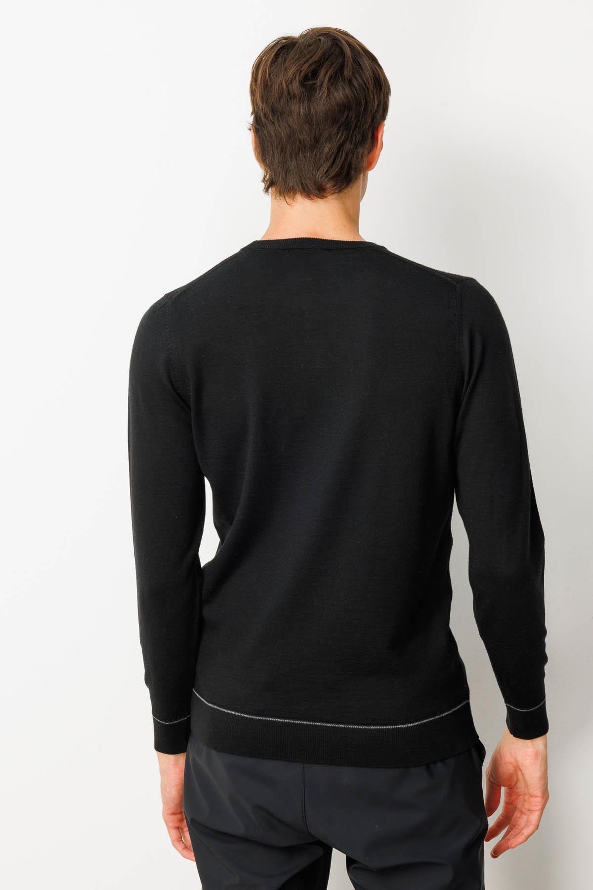 25603Erkek Sıfır Yaka Çizgili Baklavalı Yün Kazak Siyah