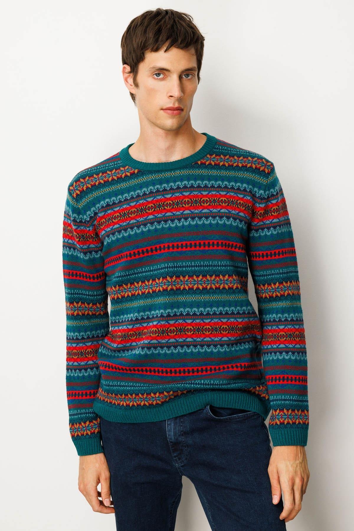 25511Erkek Sıfır Yaka Jakarlı Yün Kazak K.Ö.başı