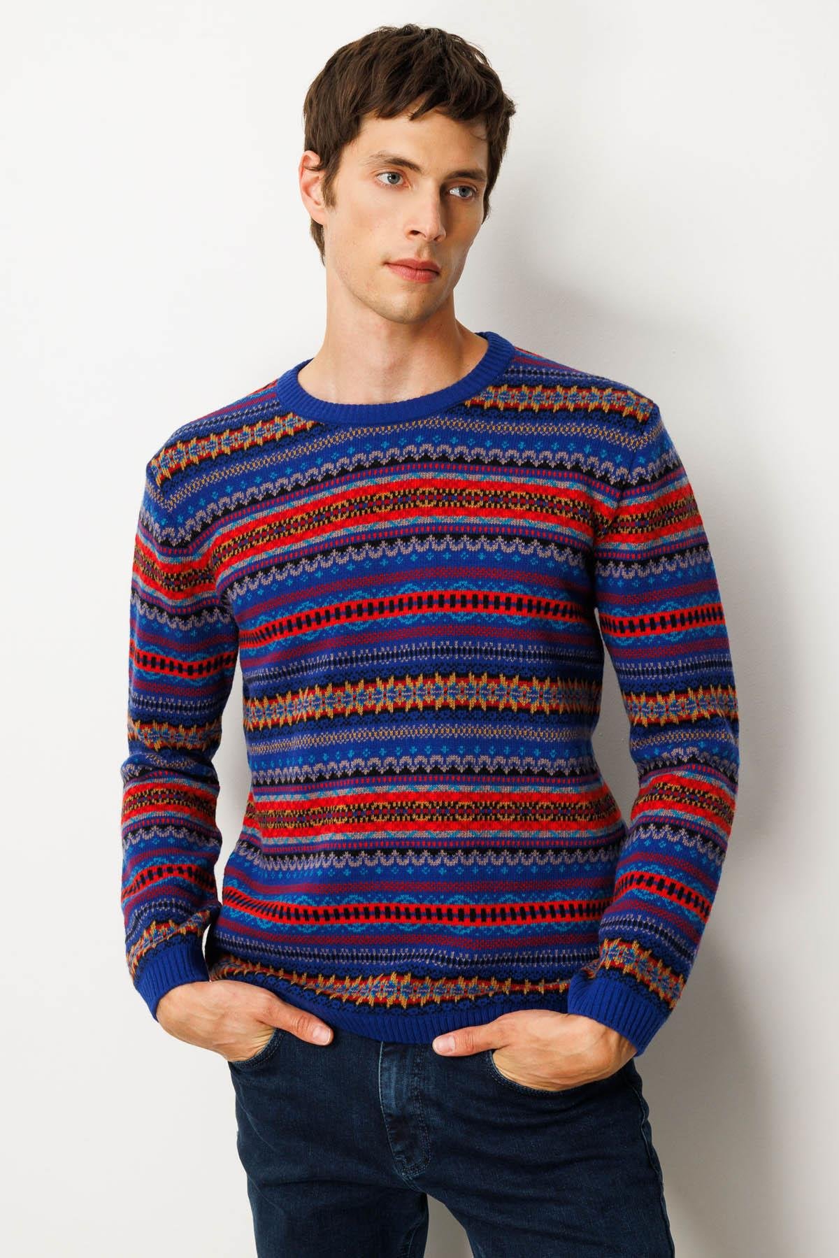 25511Erkek Sıfır Yaka Jakarlı Yün Kazak K.S.Mavi