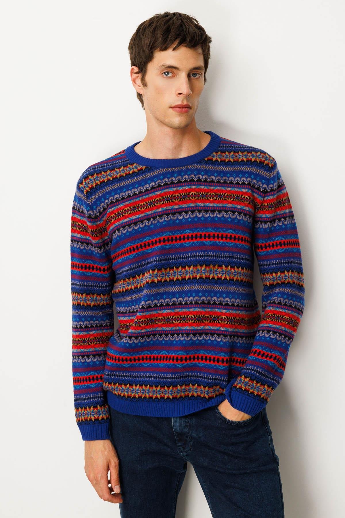 25511Erkek Sıfır Yaka Jakarlı Yün Kazak K.S.Mavi