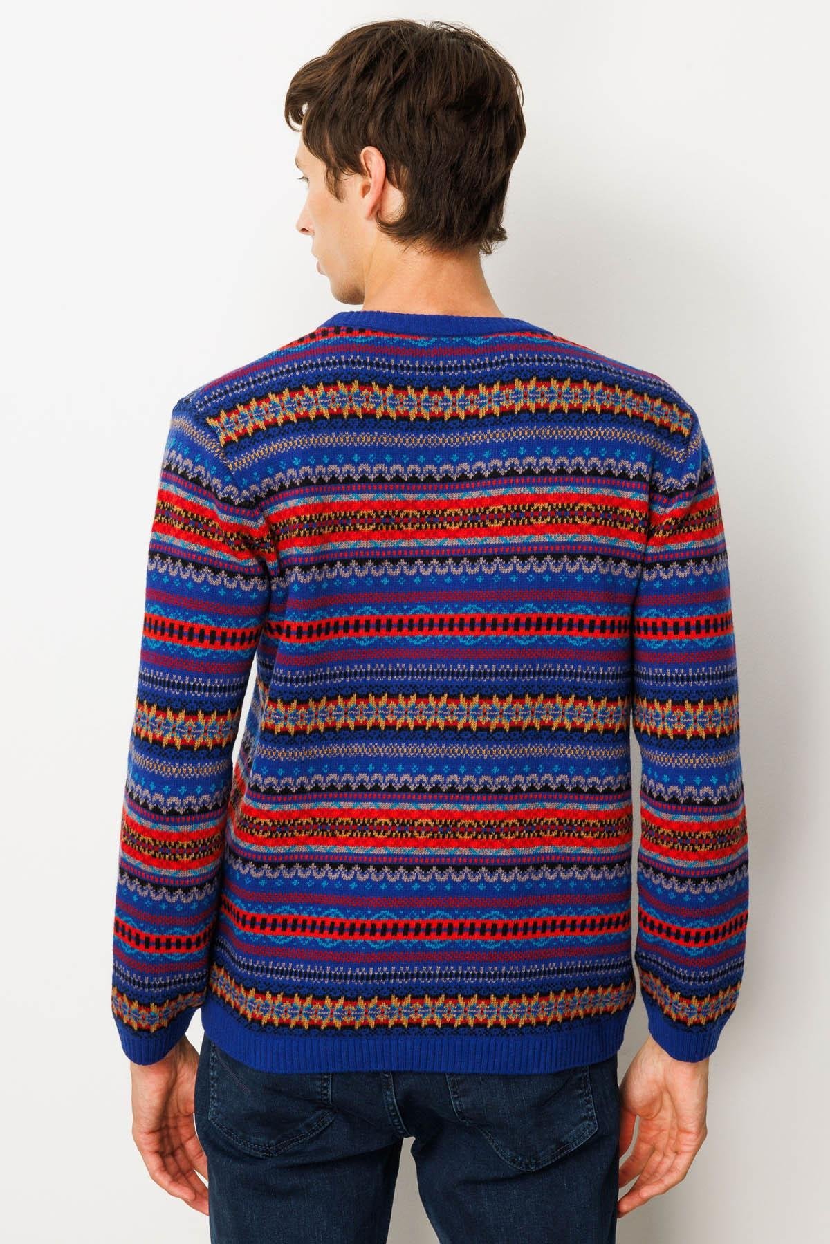 25511Erkek Sıfır Yaka Jakarlı Yün Kazak K.S.Mavi