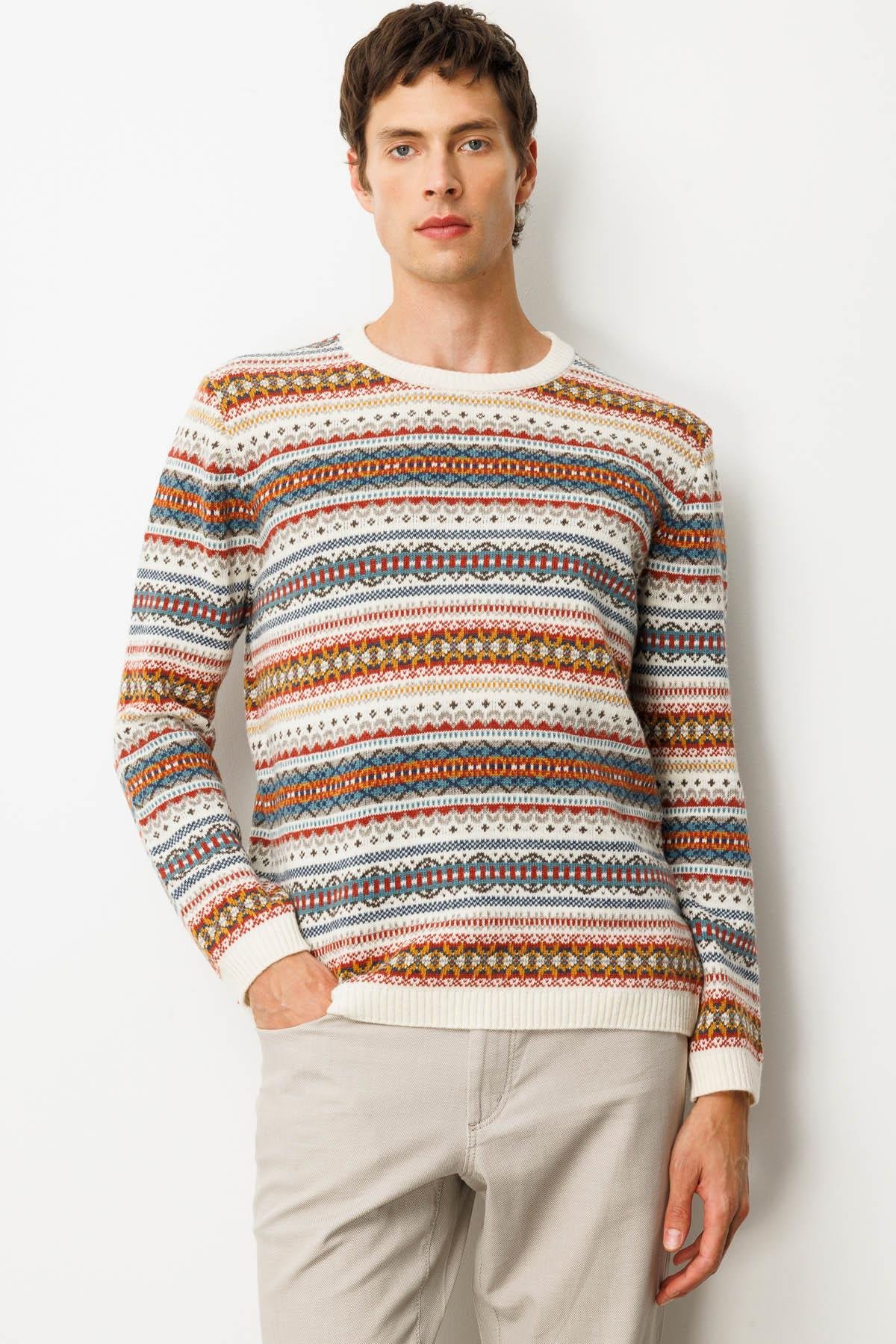 25511Erkek Sıfır Yaka Jakarlı Yün Kazak Kemik