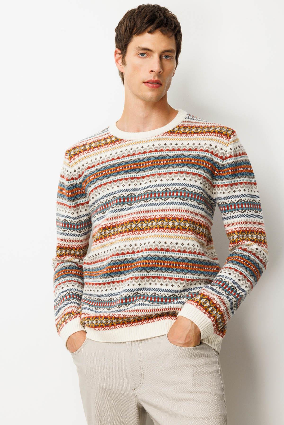 25511Erkek Sıfır Yaka Jakarlı Yün Kazak Kemik