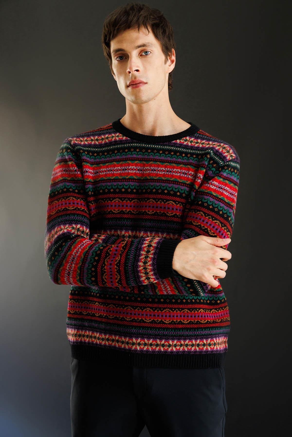 25511Erkek Sıfır Yaka Jakarlı Yün Kazak Siyah