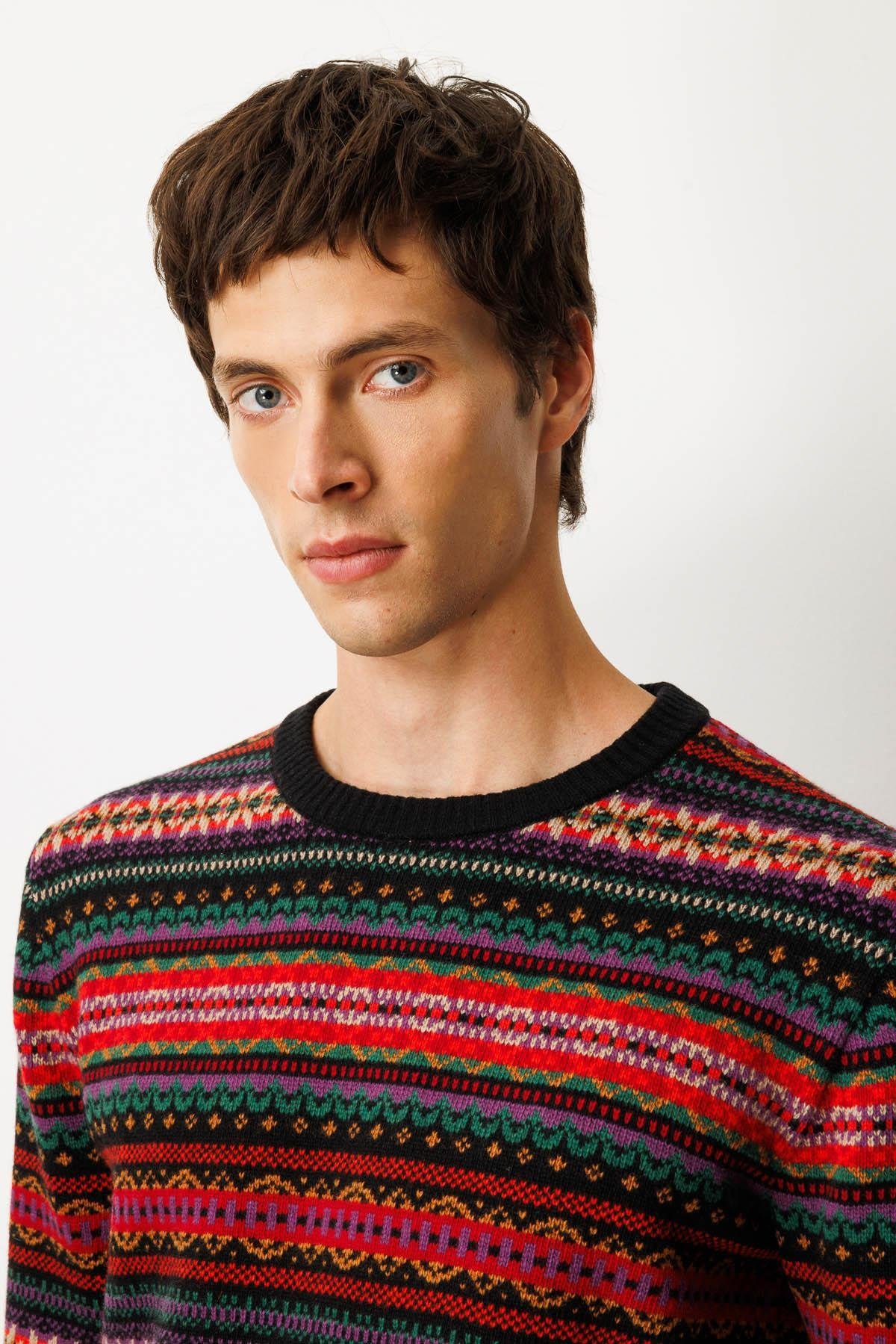 25511Erkek Sıfır Yaka Jakarlı Yün Kazak Siyah