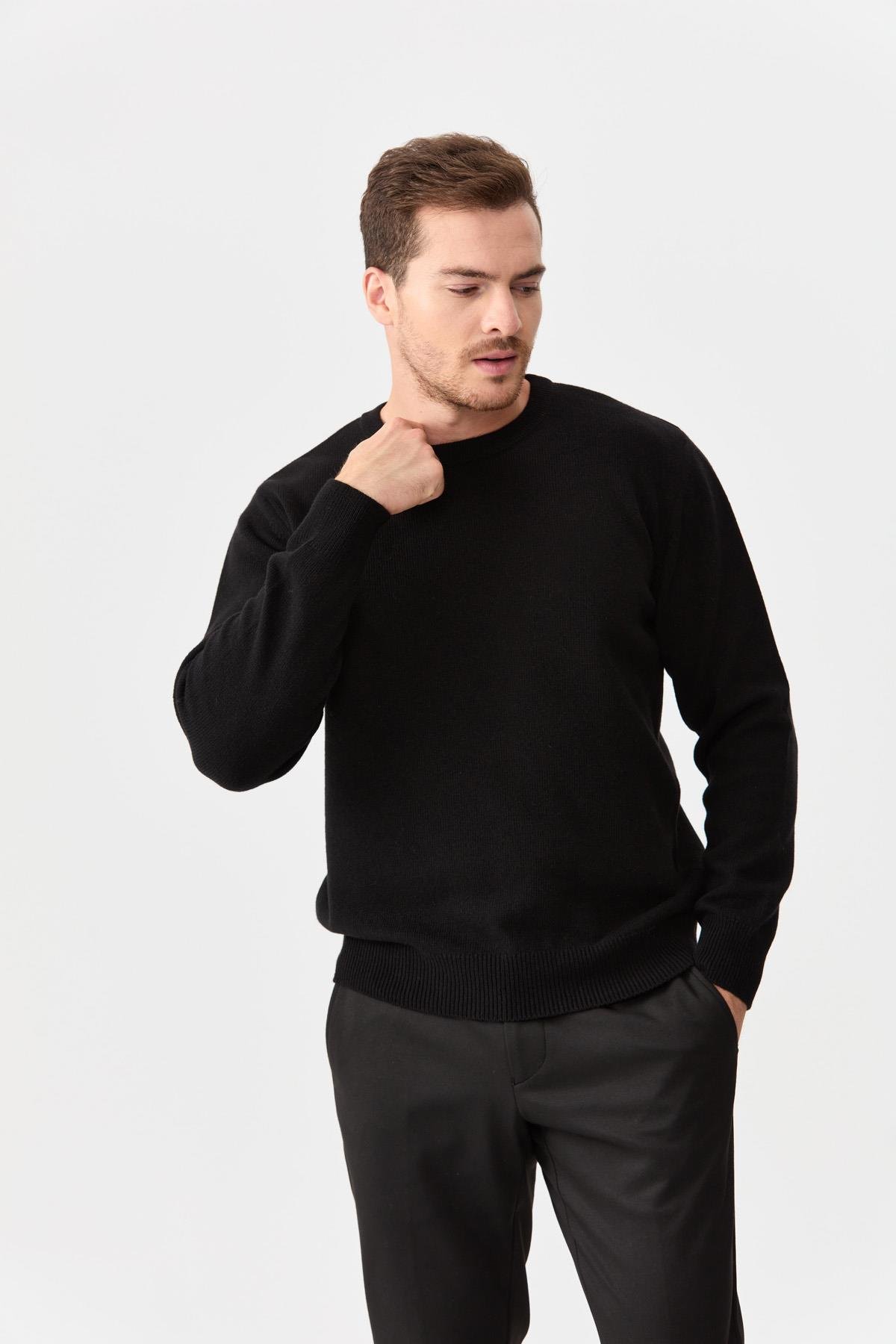 22581Мужской классический шерстяной свитер с круглым вырезом черный