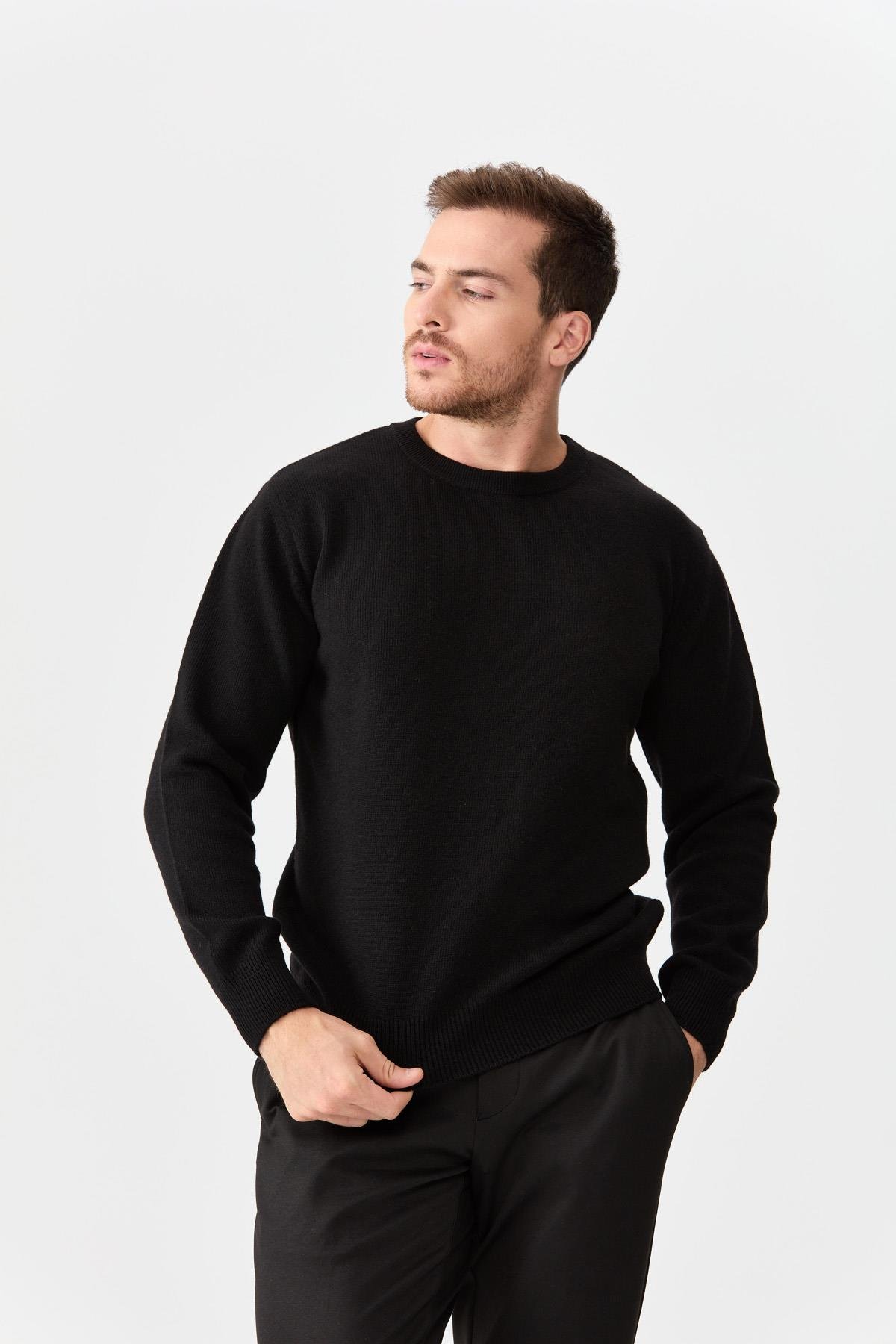 22581Мужской классический шерстяной свитер с круглым вырезом черный