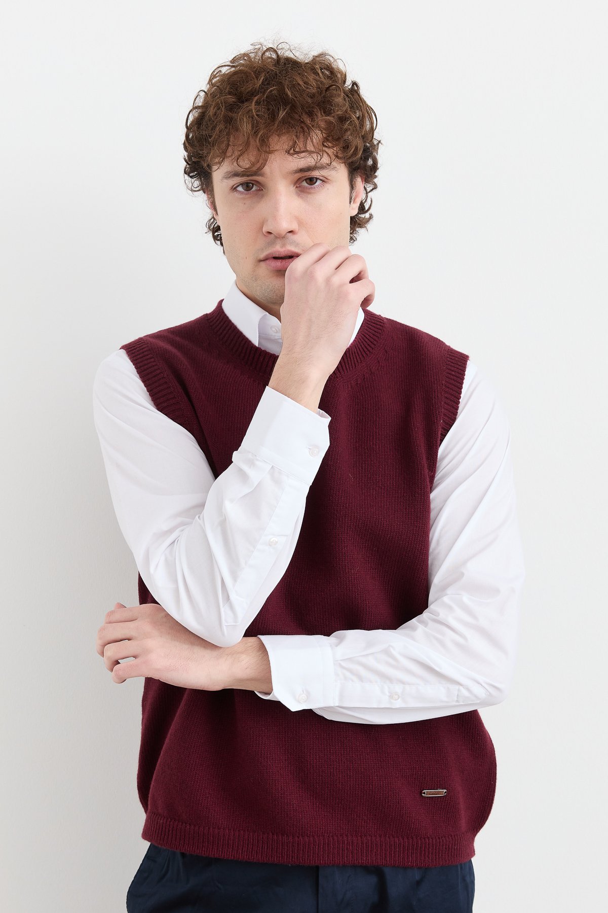 23503Erkek Sıfır Yaka Klasik Yün Süveter Bordo