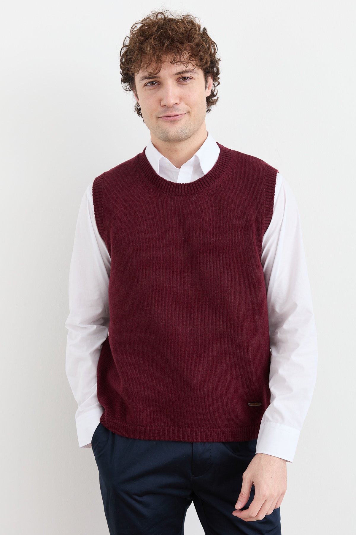 23503Erkek Sıfır Yaka Klasik Yün Süveter Bordo