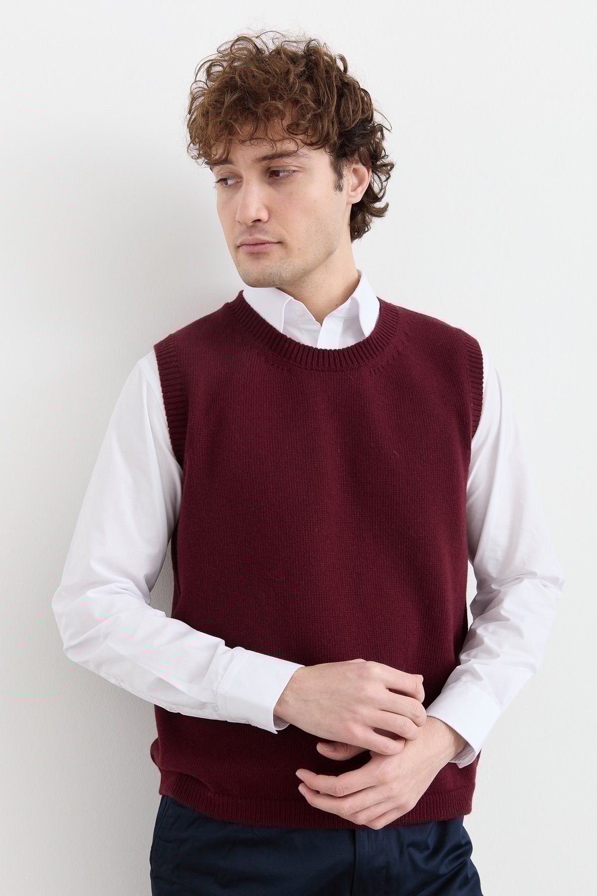 23503Erkek Sıfır Yaka Klasik Yün Süveter Bordo