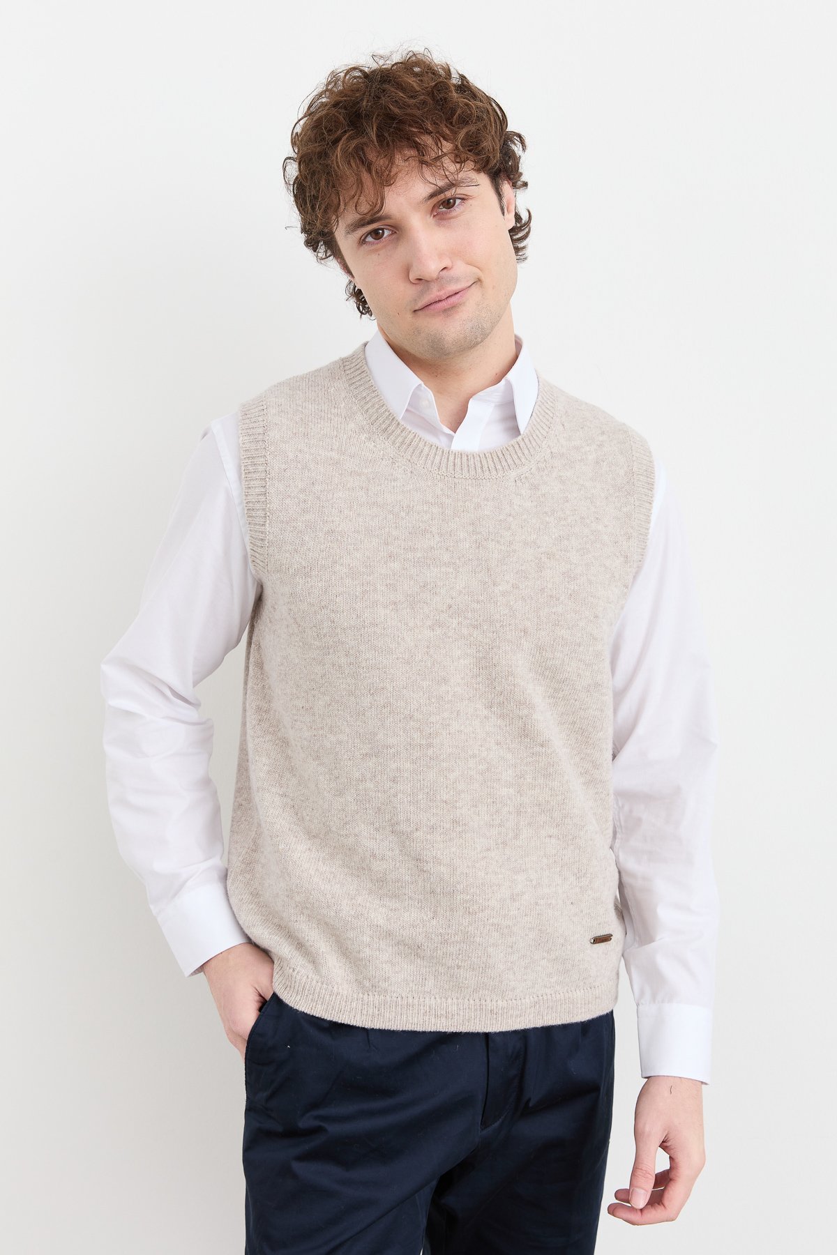 23503Erkek Sıfır Yaka Klasik Yün Süveter V.Bej