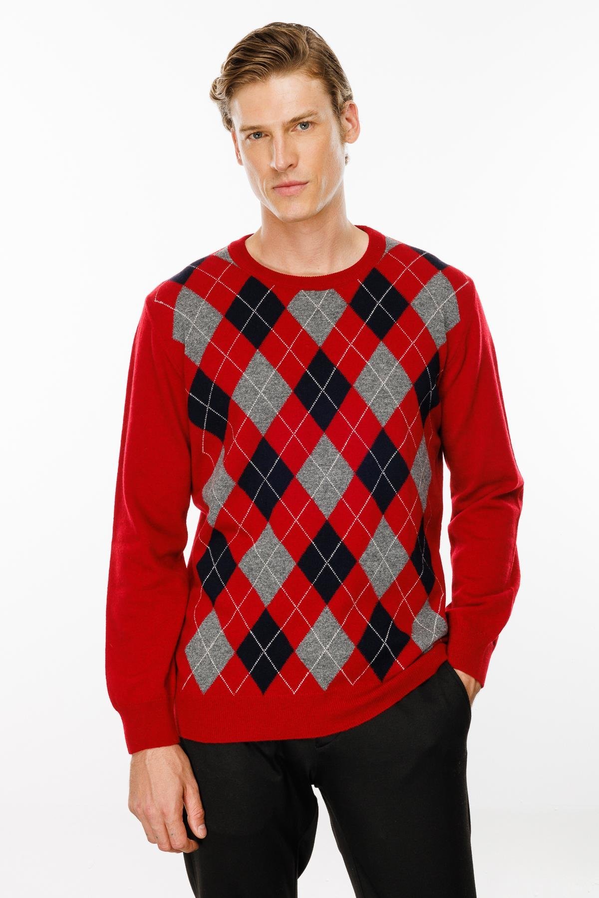 24511Erkek Sıfır Yaka Önü Baklava Desenli Kazak K.Kırmızı