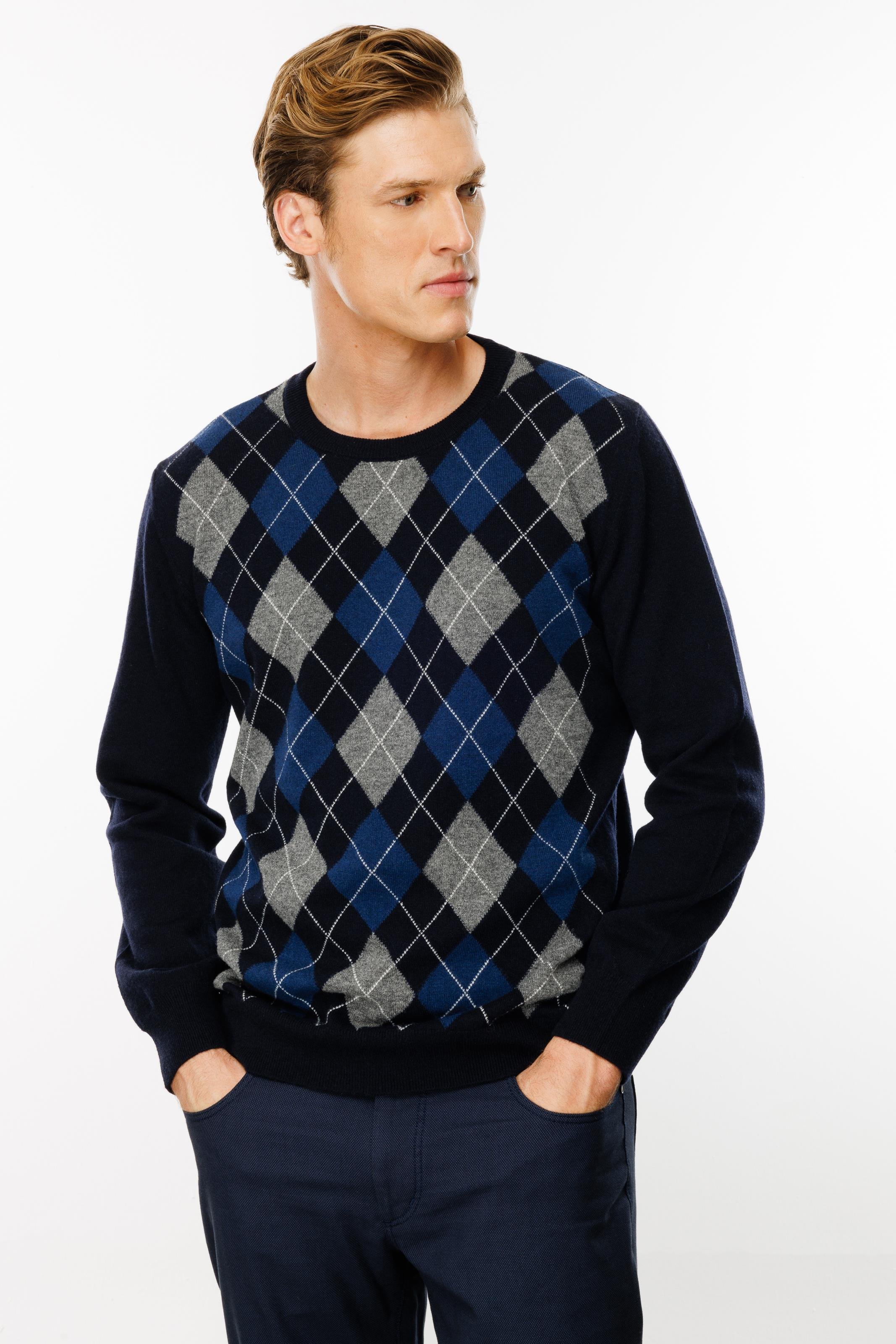 24511Erkek Sıfır Yaka Önü Baklava Desenli Kazak K.Lacivert