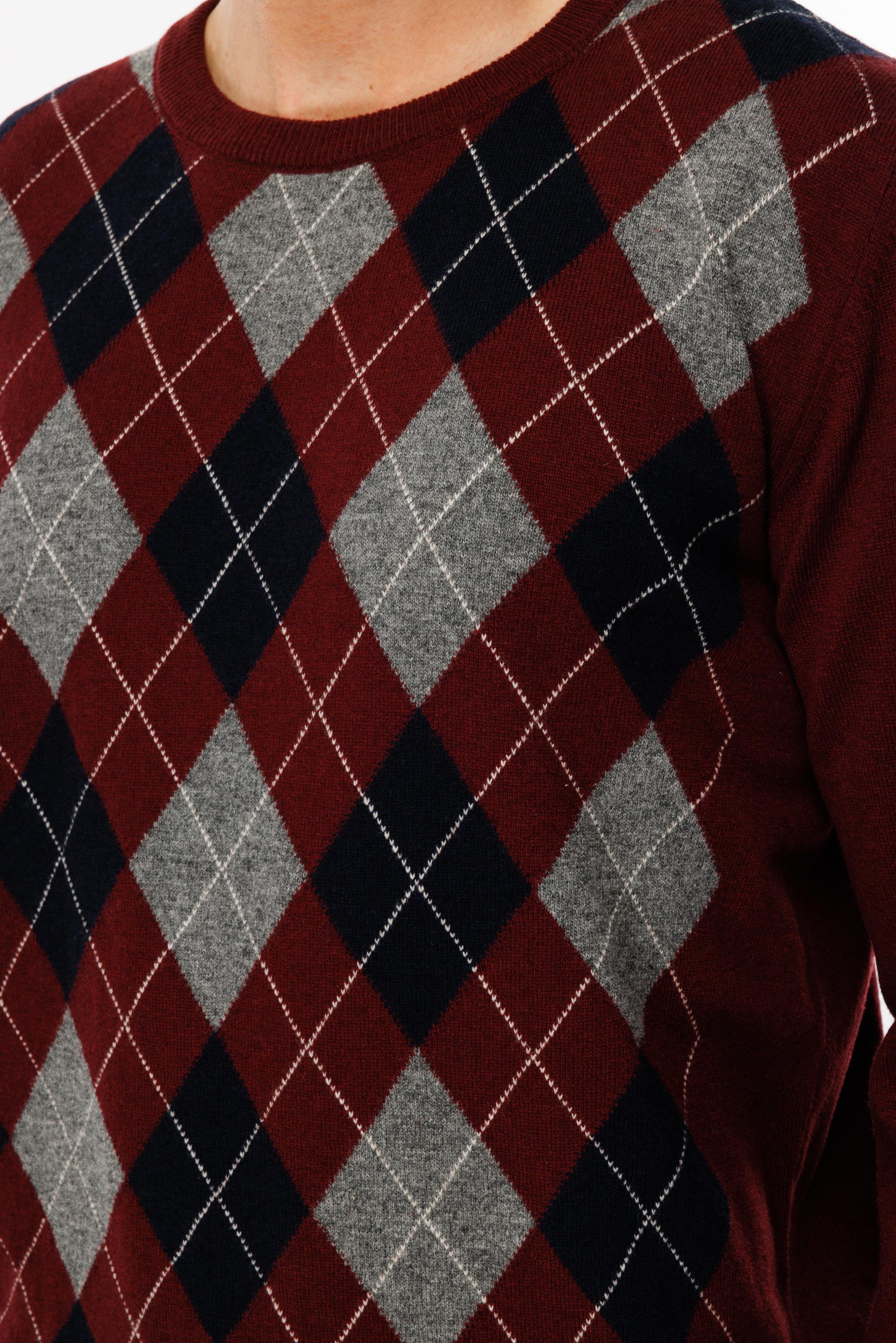 24511Erkek Sıfır Yaka Önü Baklava Desenli Kazak Bordo