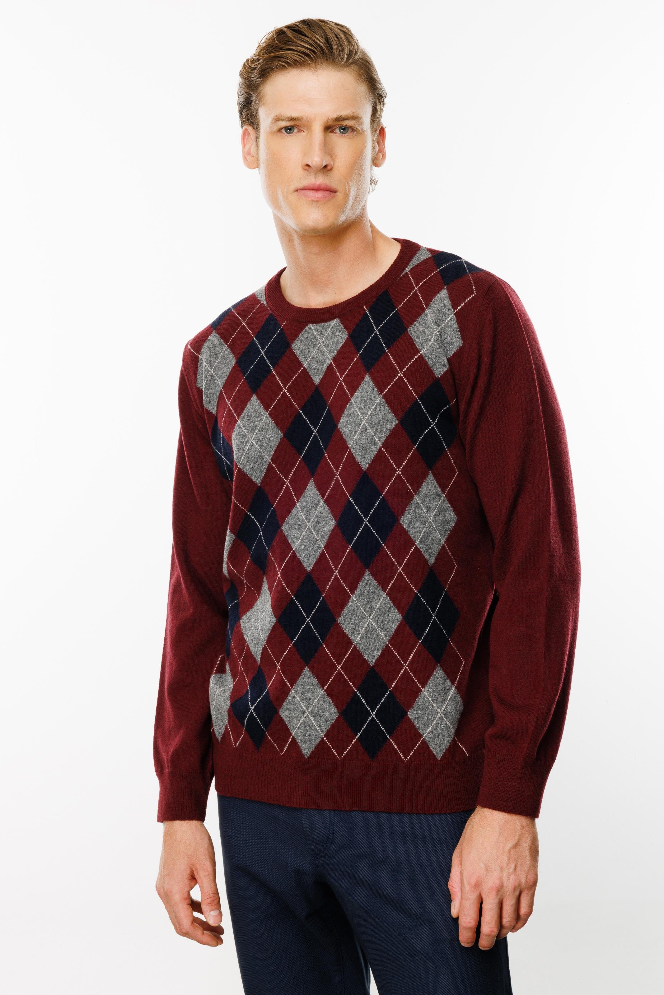 24511Erkek Sıfır Yaka Önü Baklava Desenli Kazak Bordo