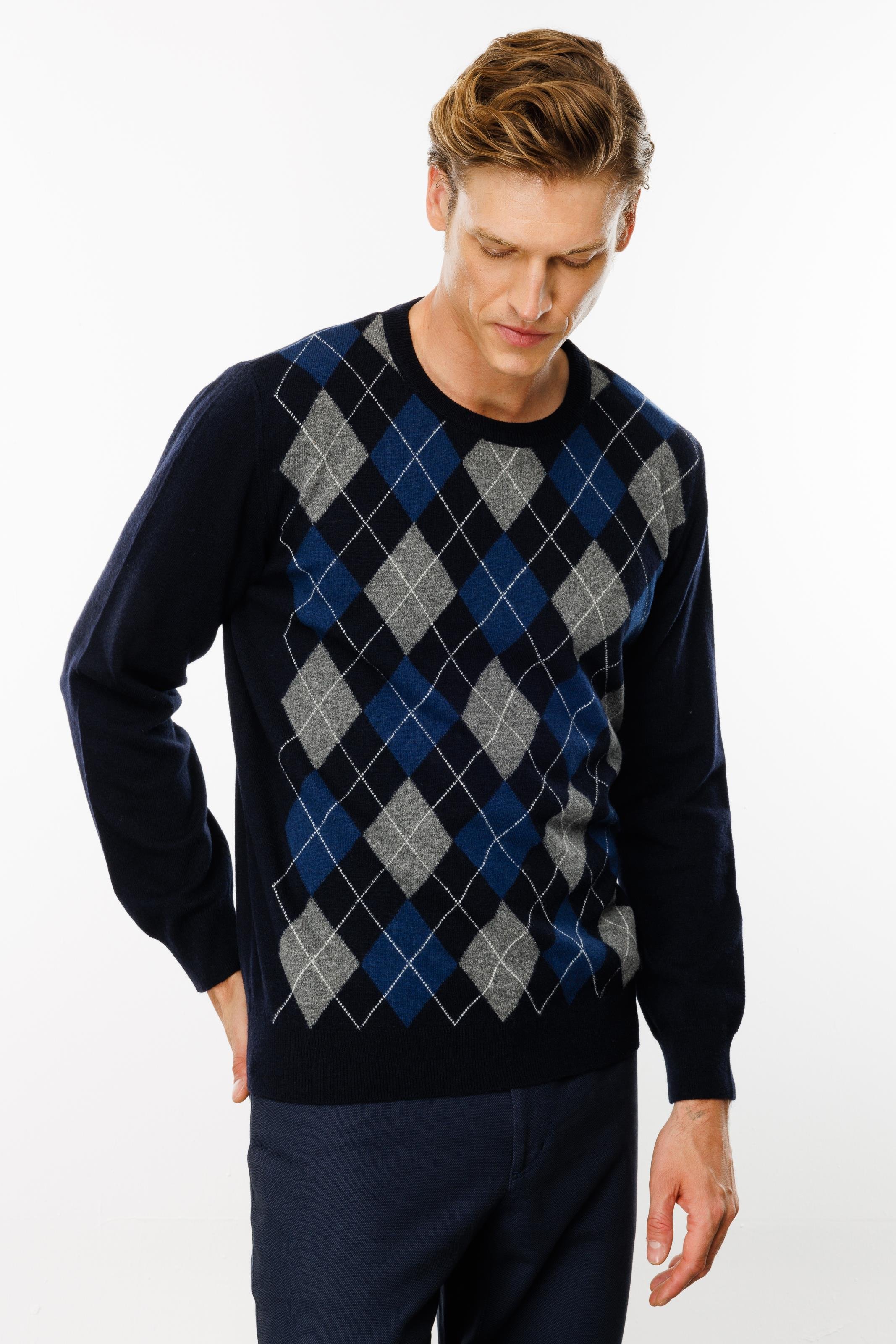 24511Erkek Sıfır Yaka Önü Baklava Desenli Kazak K.Lacivert