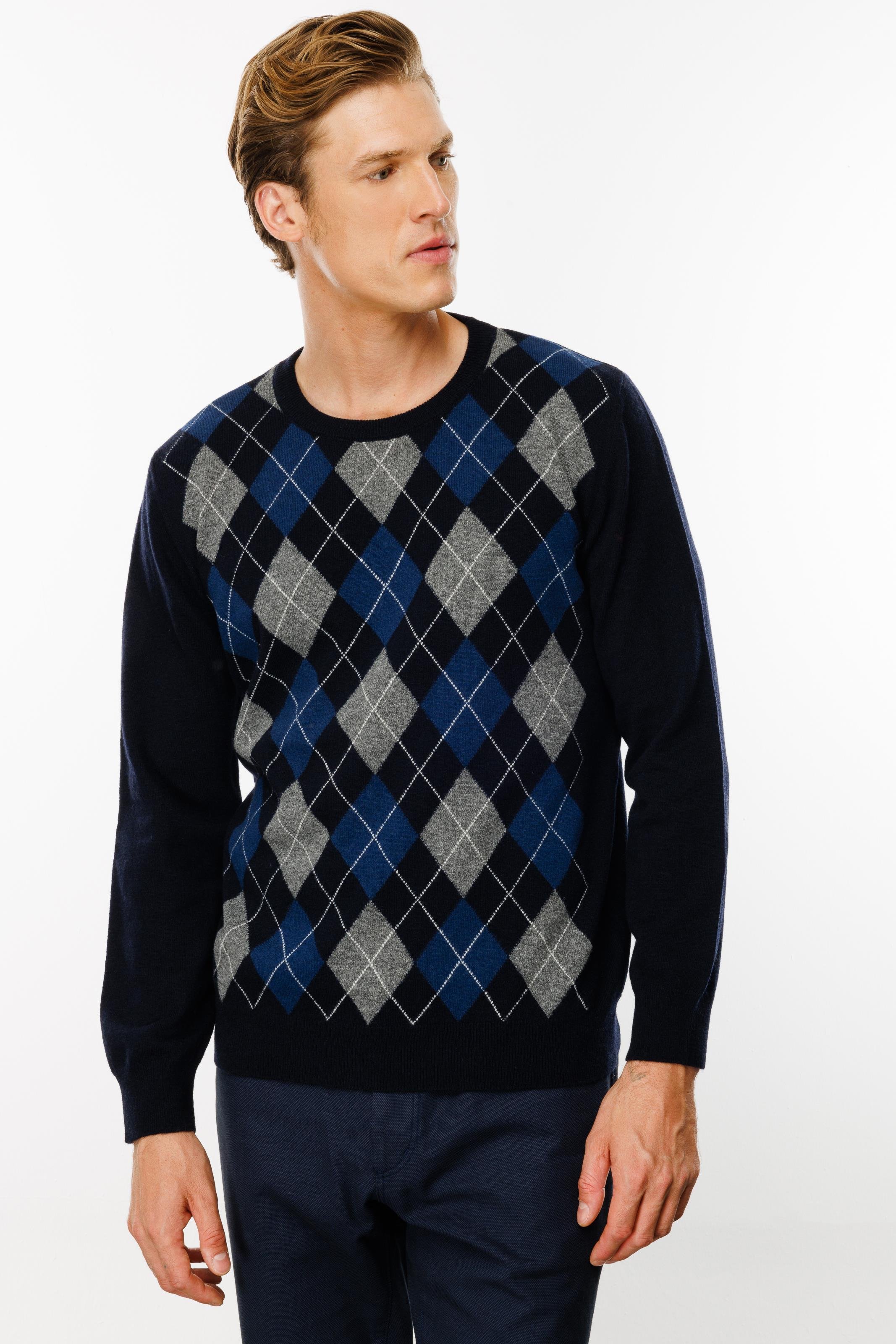 24511Erkek Sıfır Yaka Önü Baklava Desenli Kazak K.Lacivert