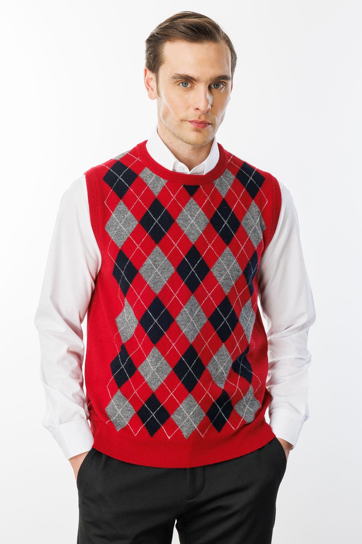 24509Erkek Sıfır Yaka Önü Baklava Desenli Yün Süveter K.Kırmızı