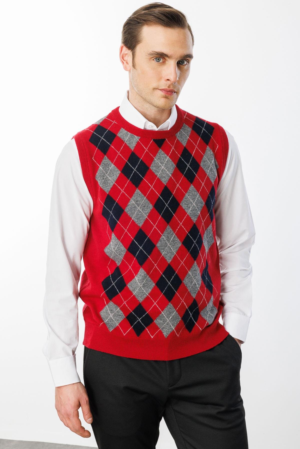 24509Erkek Sıfır Yaka Önü Baklava Desenli Yün Süveter K.Kırmızı