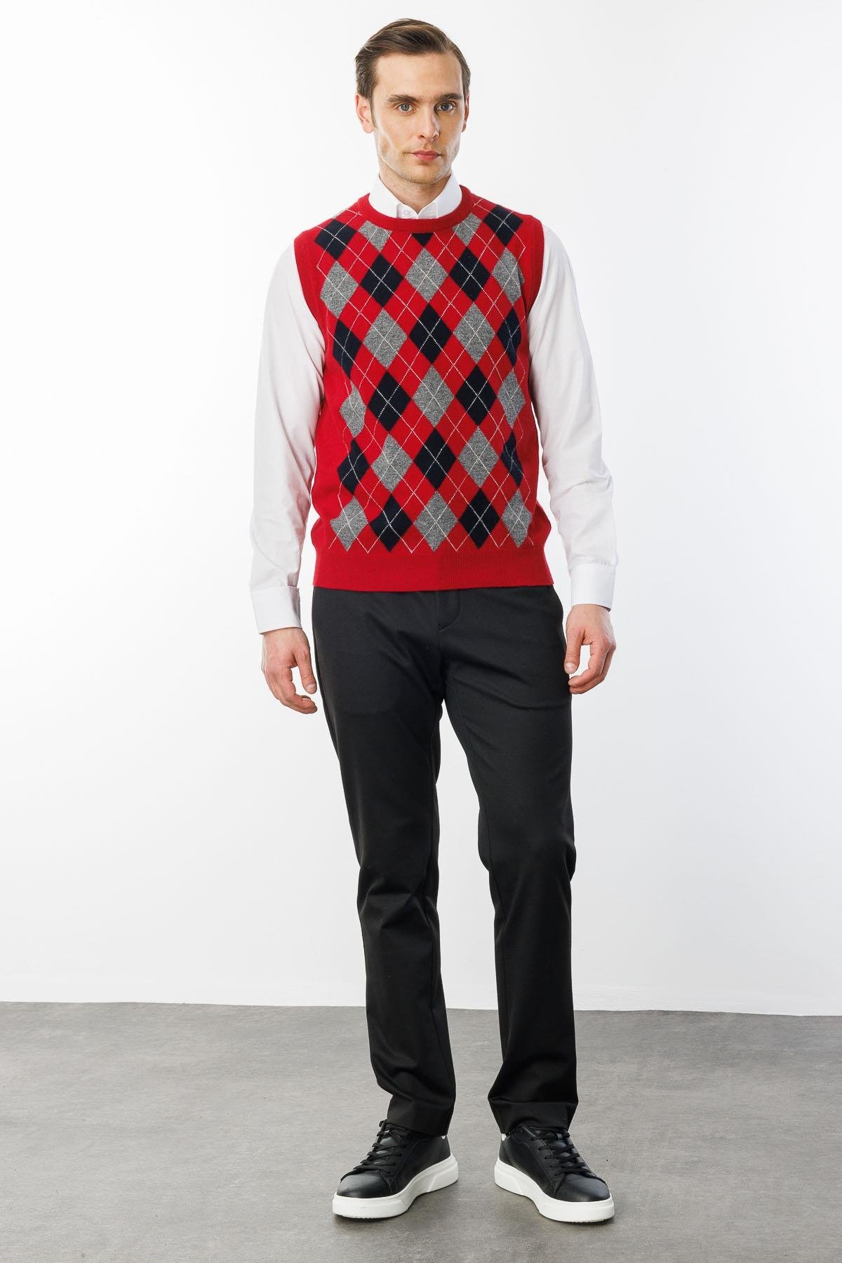 24509Erkek Sıfır Yaka Önü Baklava Desenli Yün Süveter K.Kırmızı