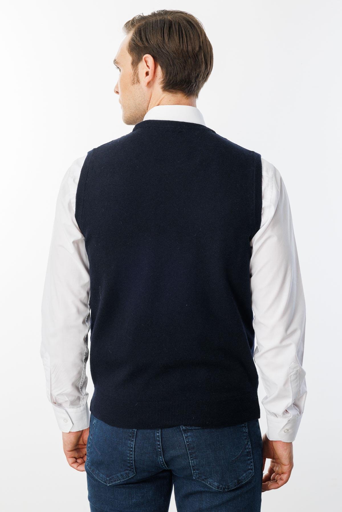 24509Erkek Sıfır Yaka Önü Baklava Desenli Yün Süveter K.Lacivert