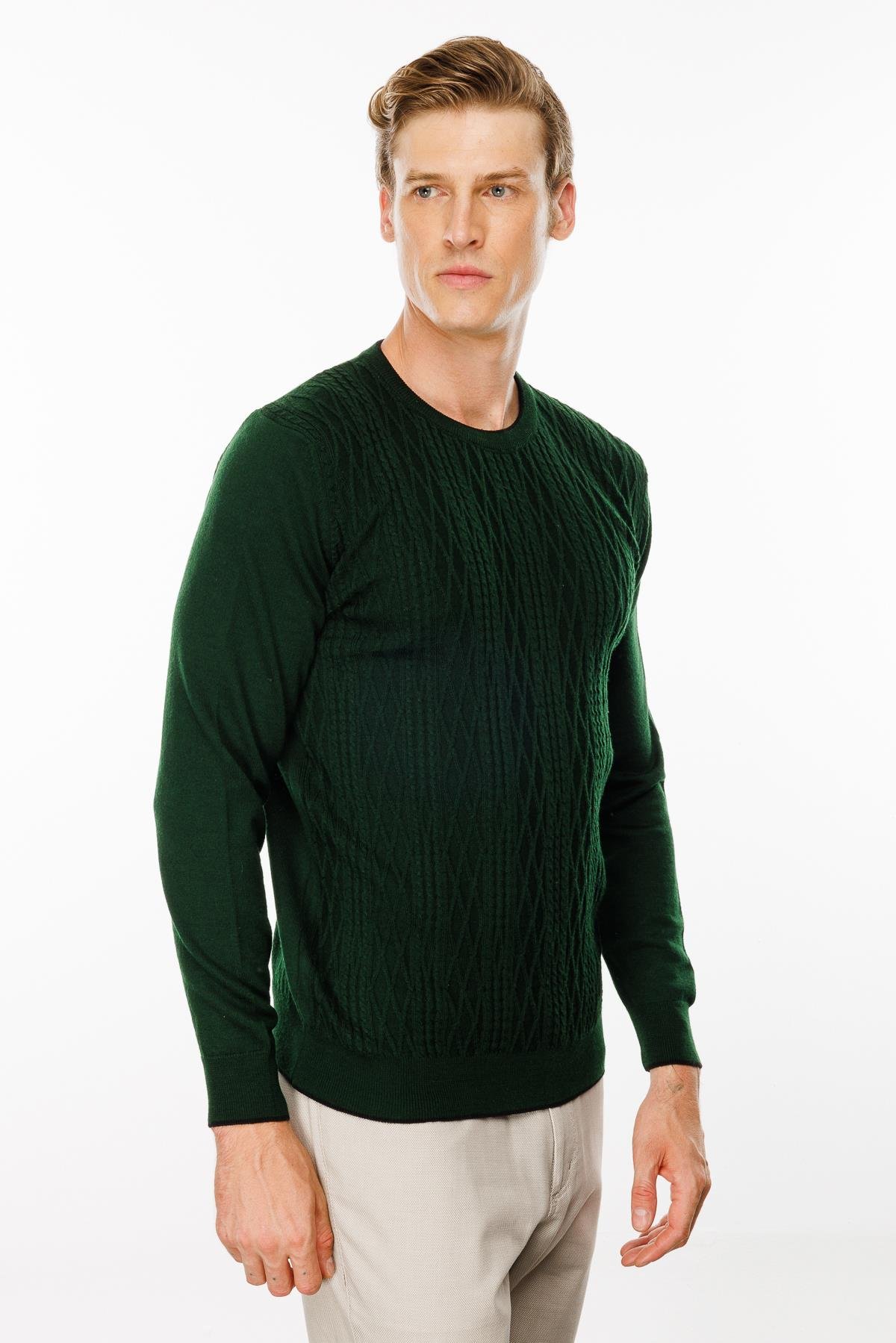 24610Erkek Sıfır Yaka Önü Baklava Örgü Kazak A.Yeşil