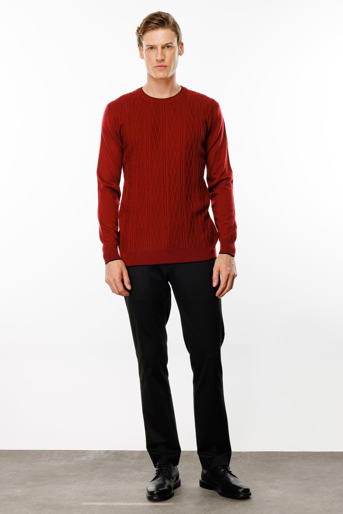 24610Erkek Sıfır Yaka Önü Baklava Örgü Kazak Bordo