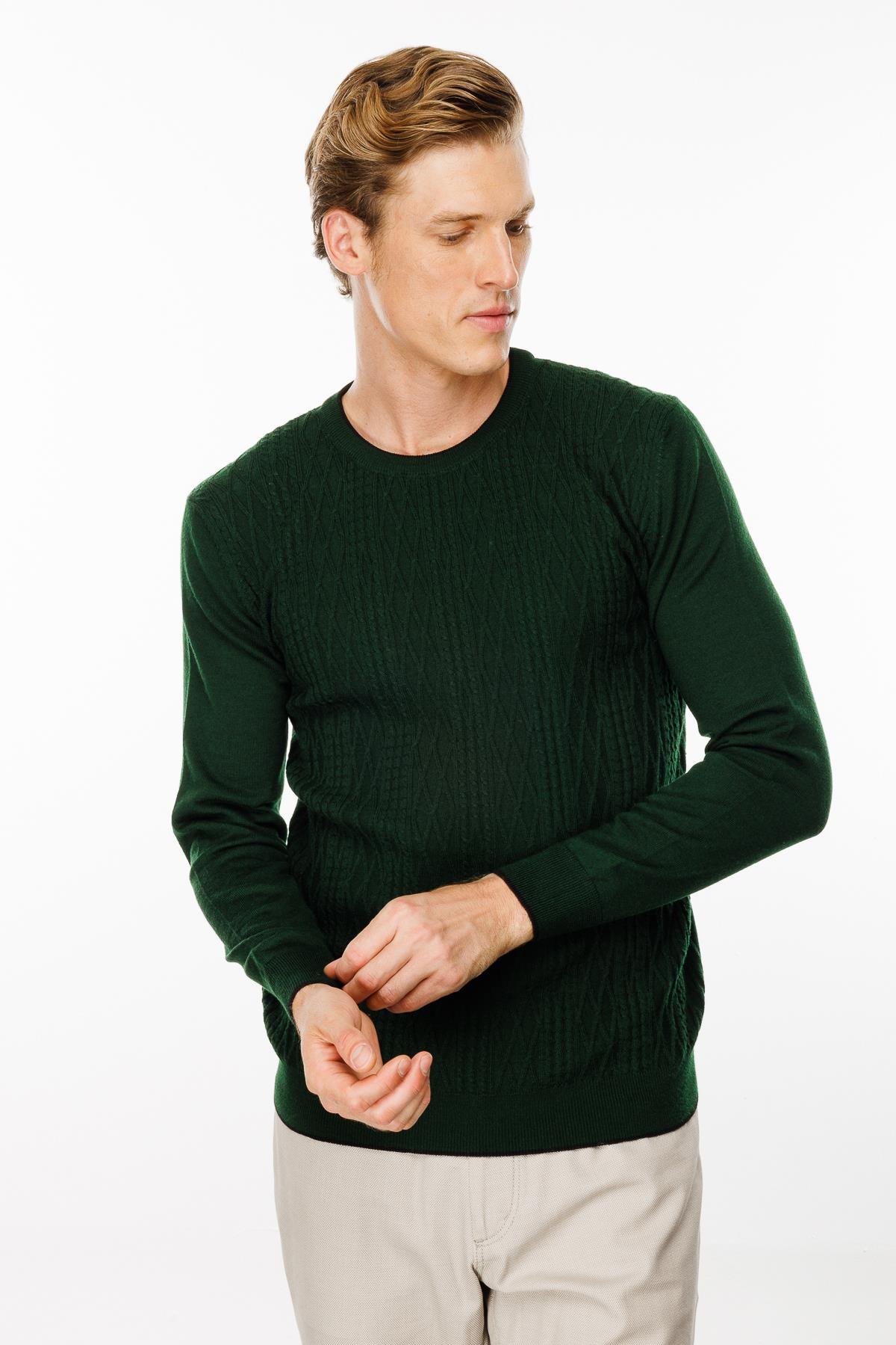 24610Erkek Sıfır Yaka Önü Baklava Örgü Kazak A.Yeşil