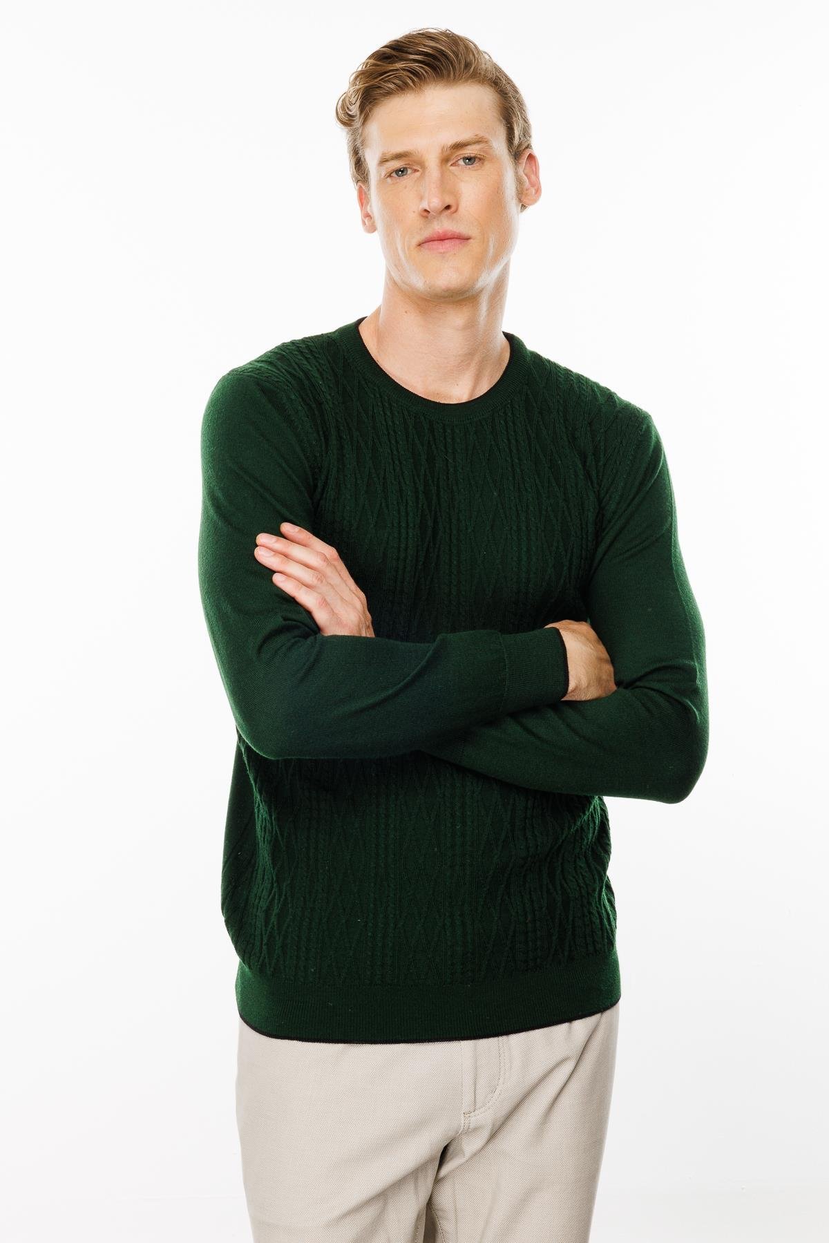 24610Erkek Sıfır Yaka Önü Baklava Örgü Kazak A.Yeşil