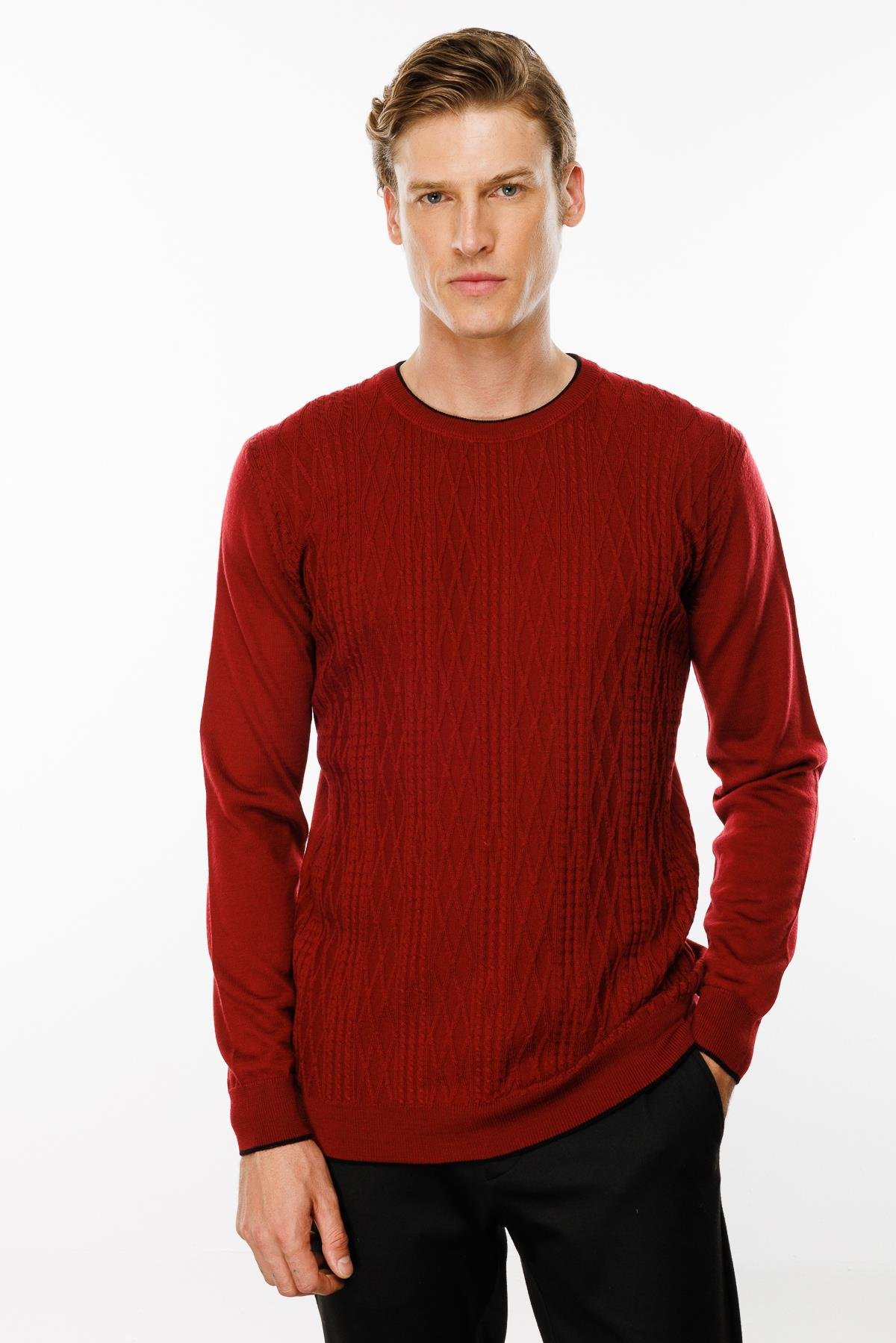 24610Erkek Sıfır Yaka Önü Baklava Örgü Kazak Bordo