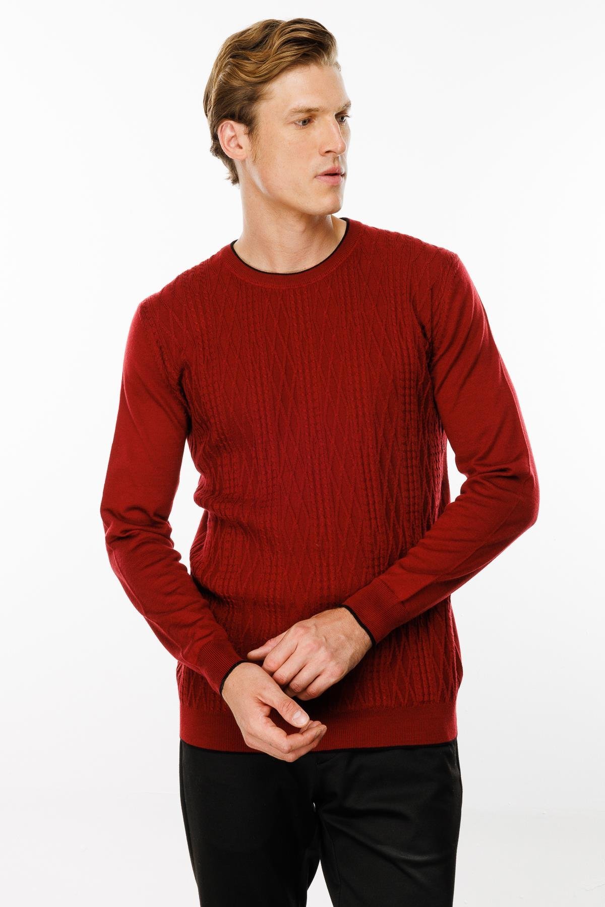 24610Erkek Sıfır Yaka Önü Baklava Örgü Kazak Bordo