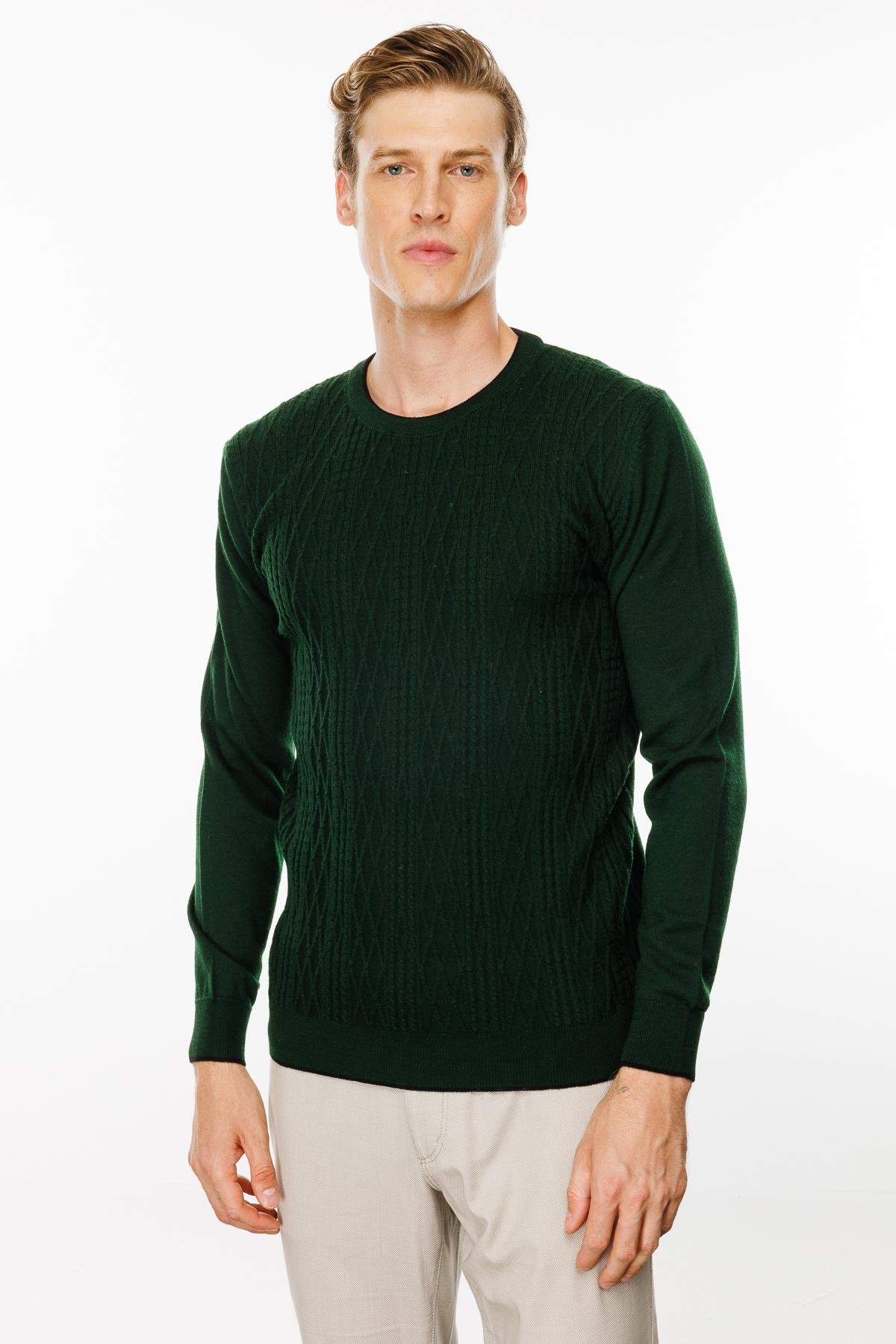 24610Erkek Sıfır Yaka Önü Baklava Örgü Kazak A.Yeşil