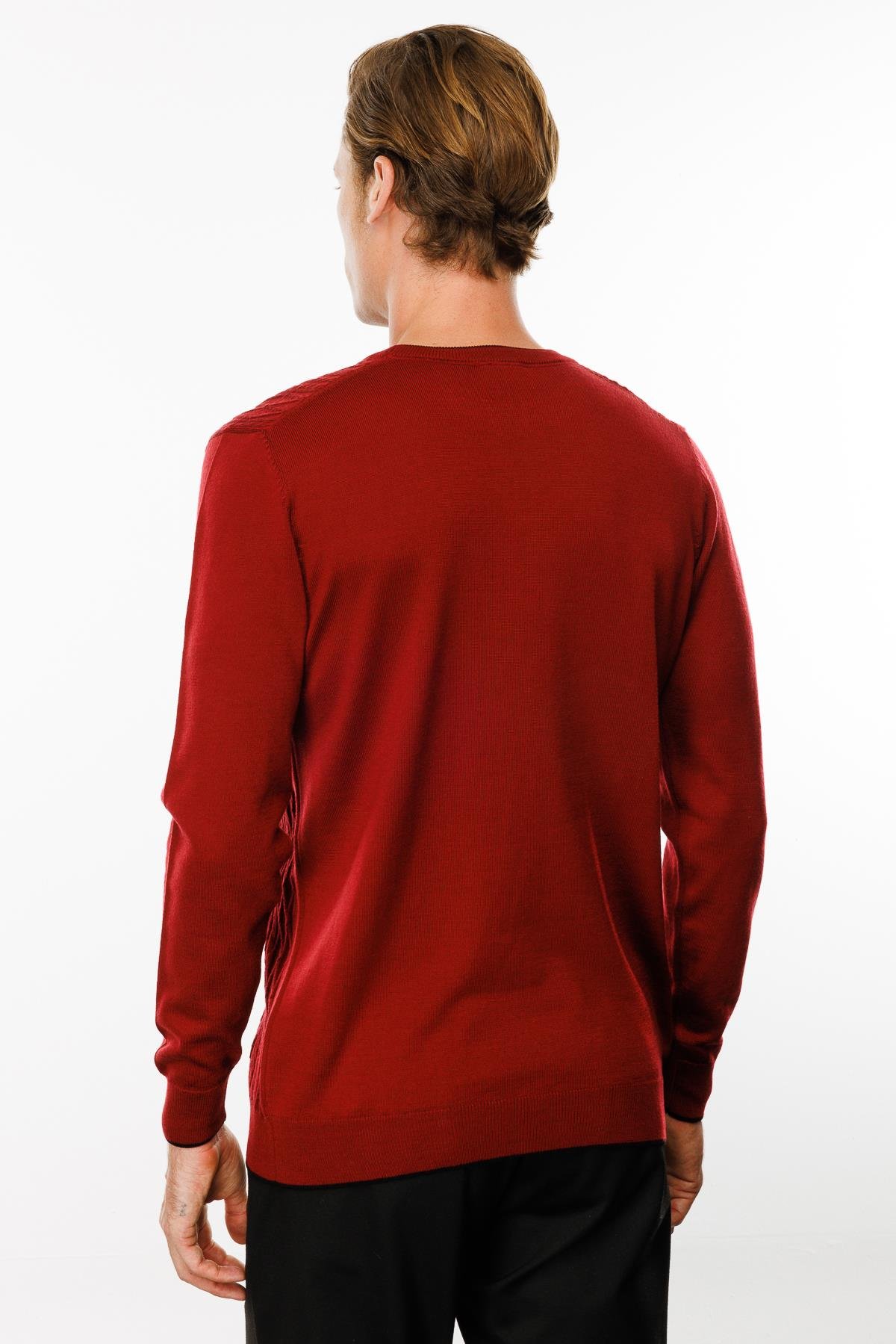 24610Erkek Sıfır Yaka Önü Baklava Örgü Kazak Bordo