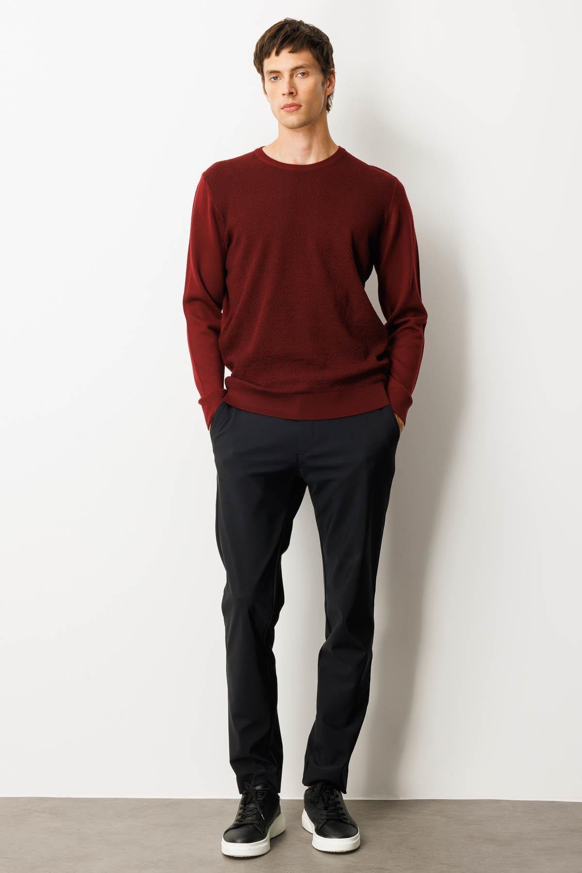 25607Erkek Sıfır Yaka Önü Baklavalı Triko Kazak Bordo