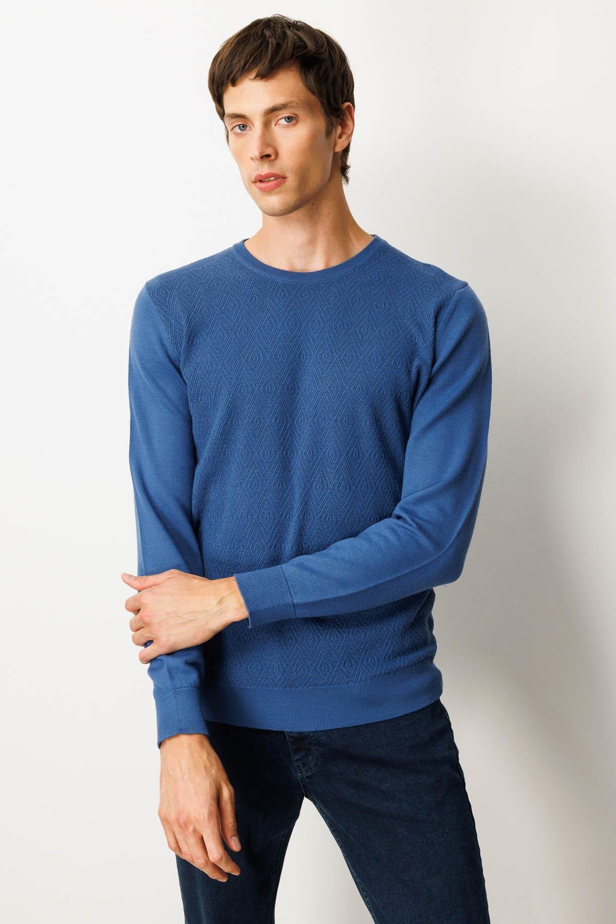 25607Erkek Sıfır Yaka Önü Baklavalı Triko Kazak H.Mavi