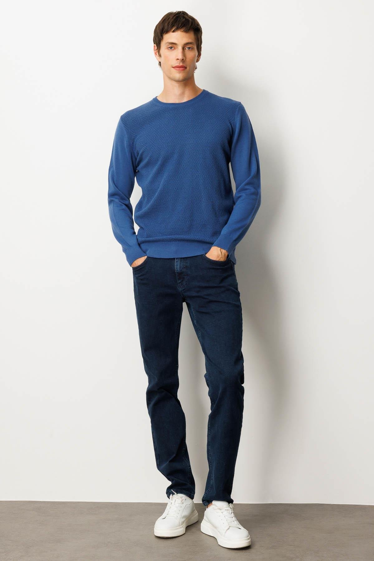 25607Erkek Sıfır Yaka Önü Baklavalı Triko Kazak H.Mavi