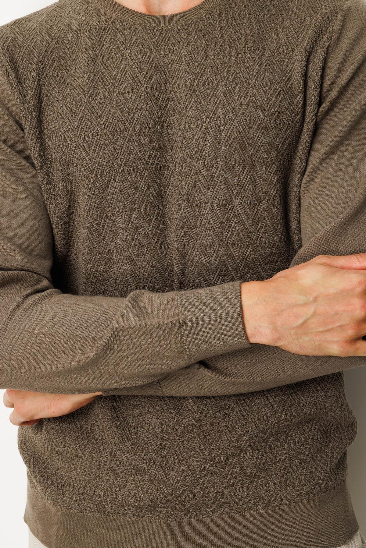 25607Erkek Sıfır Yaka Önü Baklavalı Triko Kazak Vizon