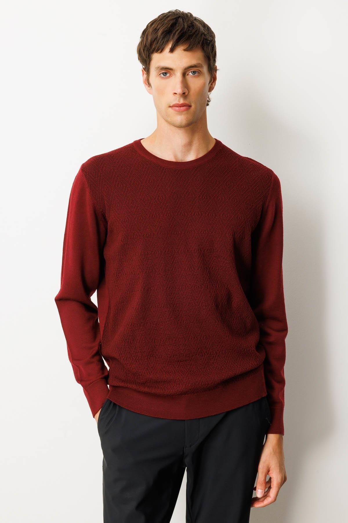 25607Erkek Sıfır Yaka Önü Baklavalı Triko Kazak Bordo