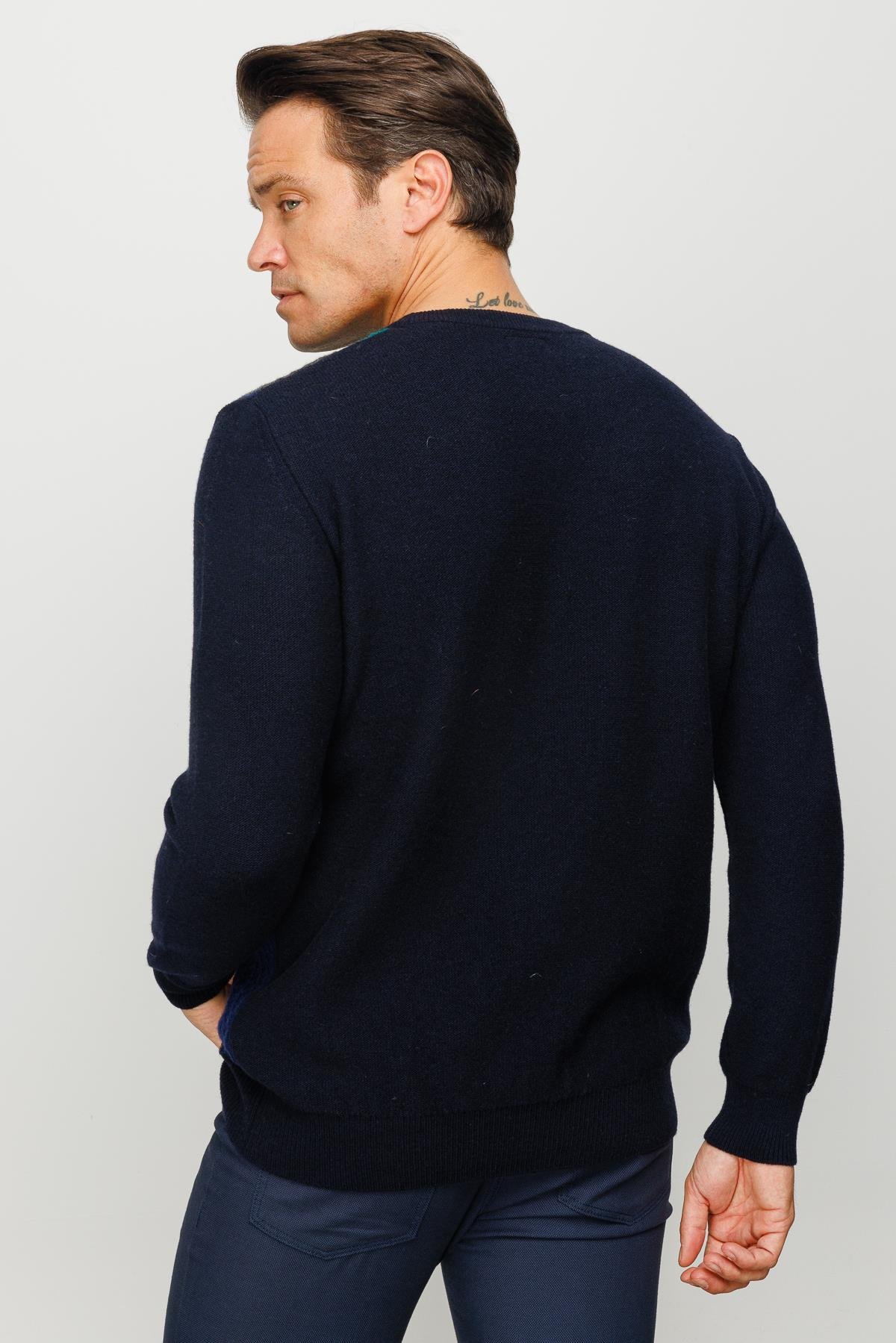 23505Erkek Sıfır Yaka Önü Renkli Yürütmeli Yün Kazak K.Lacivert