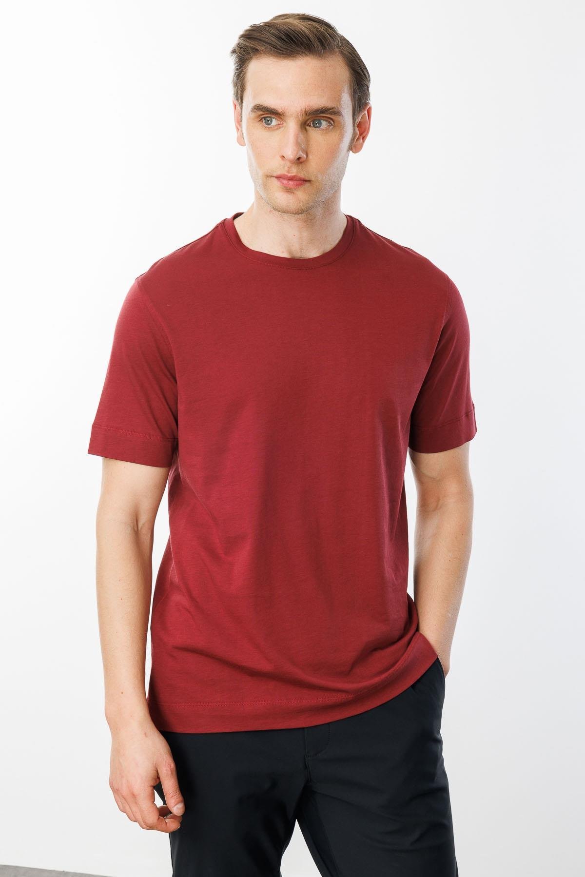 25737Erkek Sıfır Yaka Pamuklu T-shirt Bordo