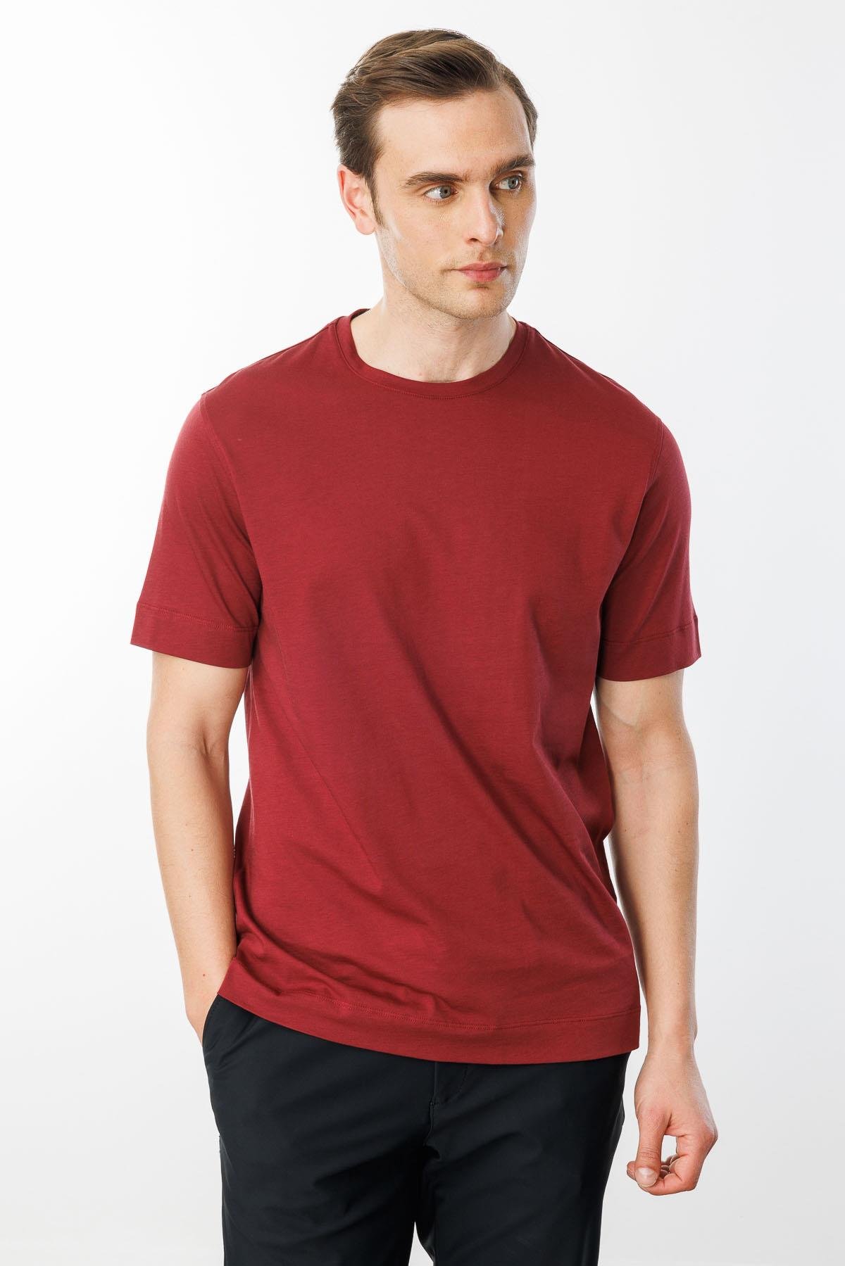 25737Erkek Sıfır Yaka Pamuklu T-shirt Bordo