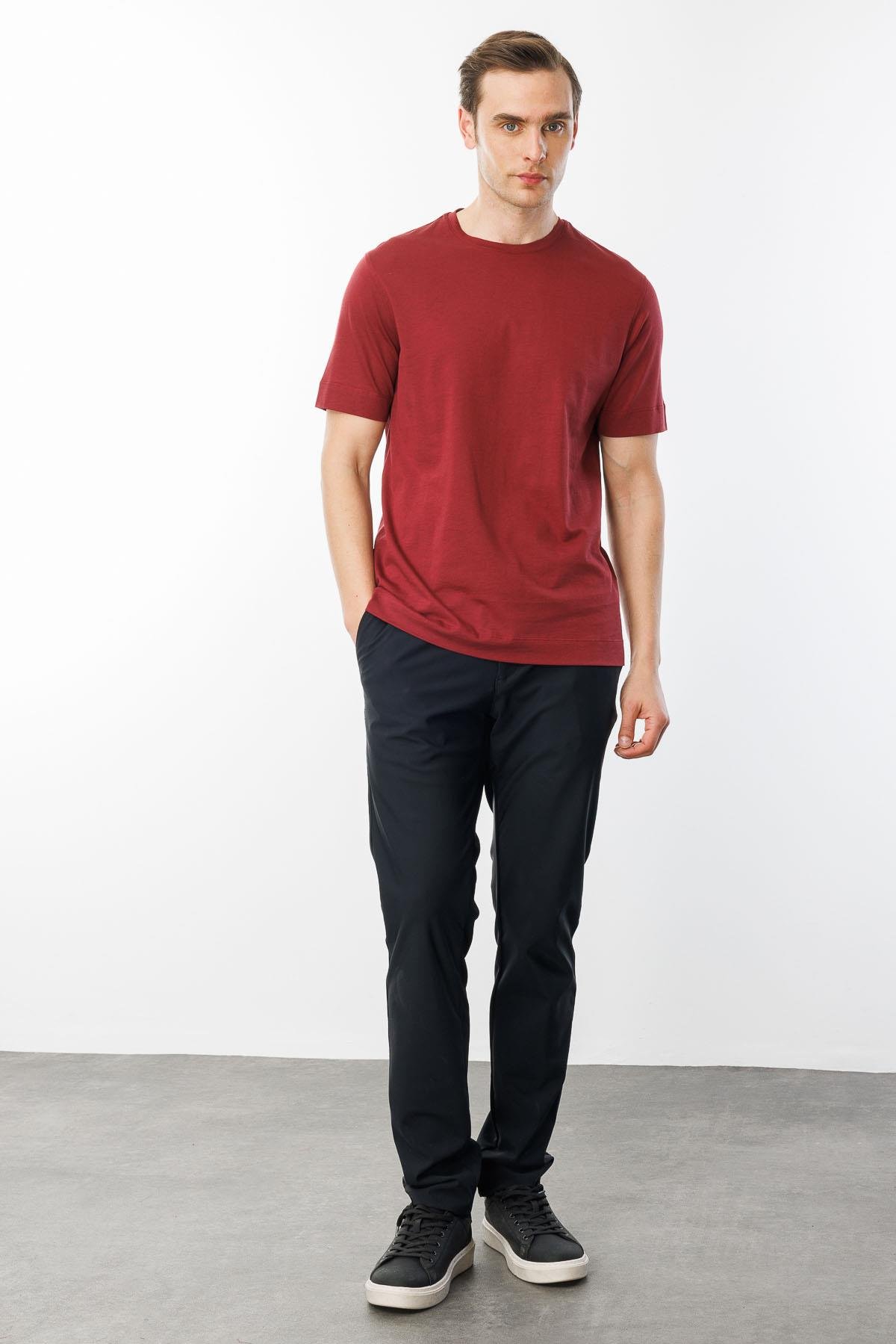 25737Erkek Sıfır Yaka Pamuklu T-shirt Bordo