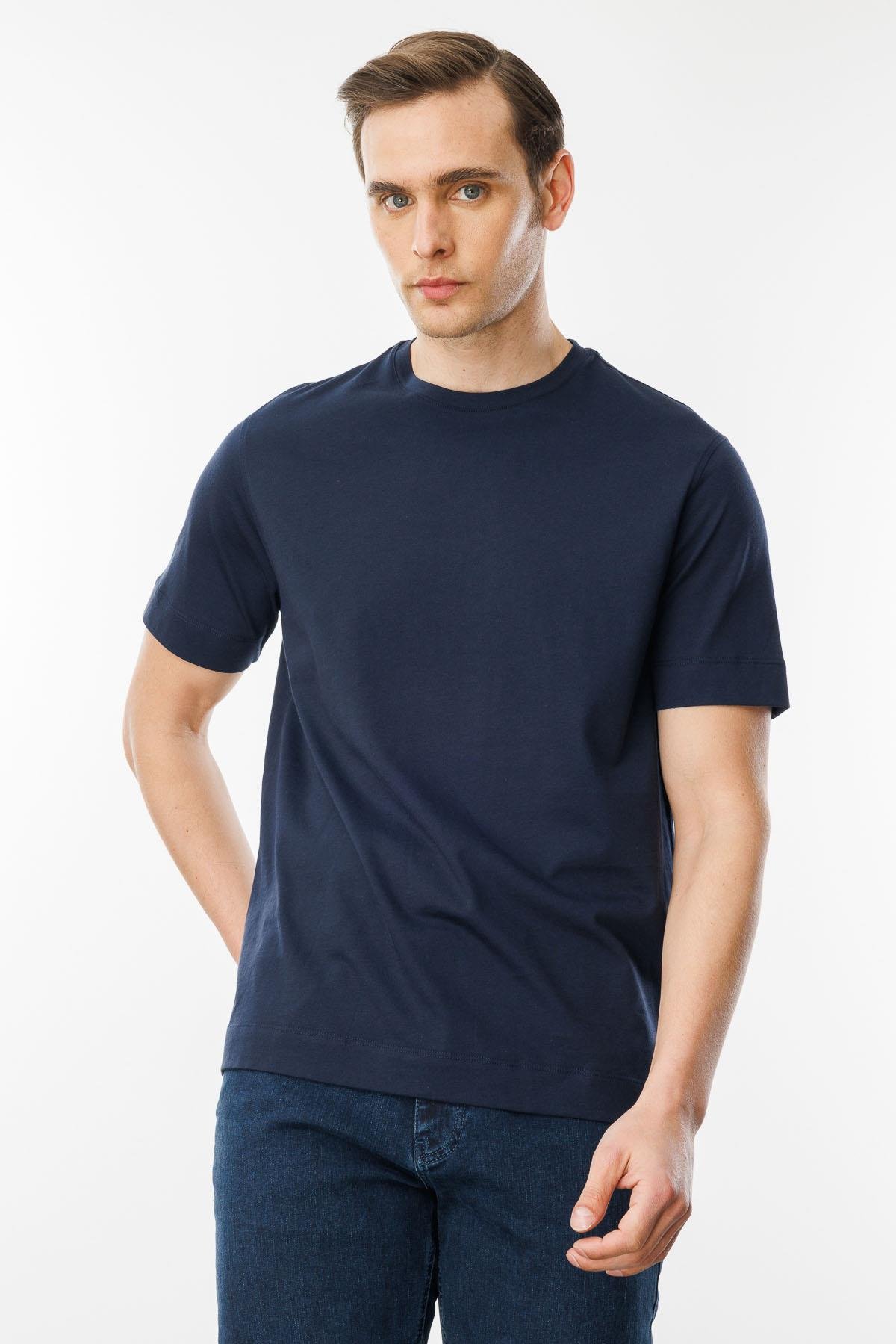 25737Erkek Sıfır Yaka Pamuklu T-shirt Lacivert